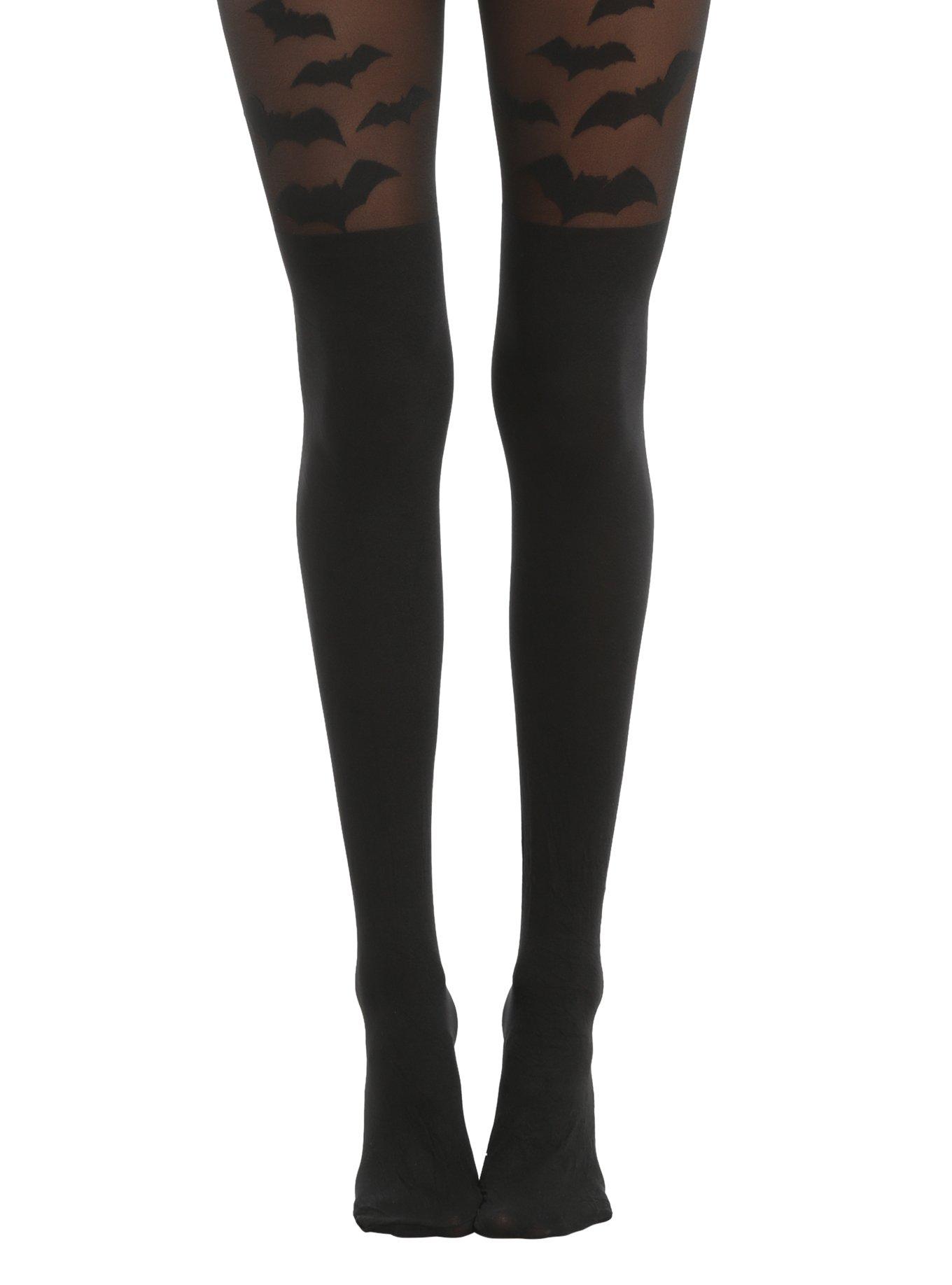 Blackheart Flying Bats Faux Thigh High Tights, BLACK, hi-res