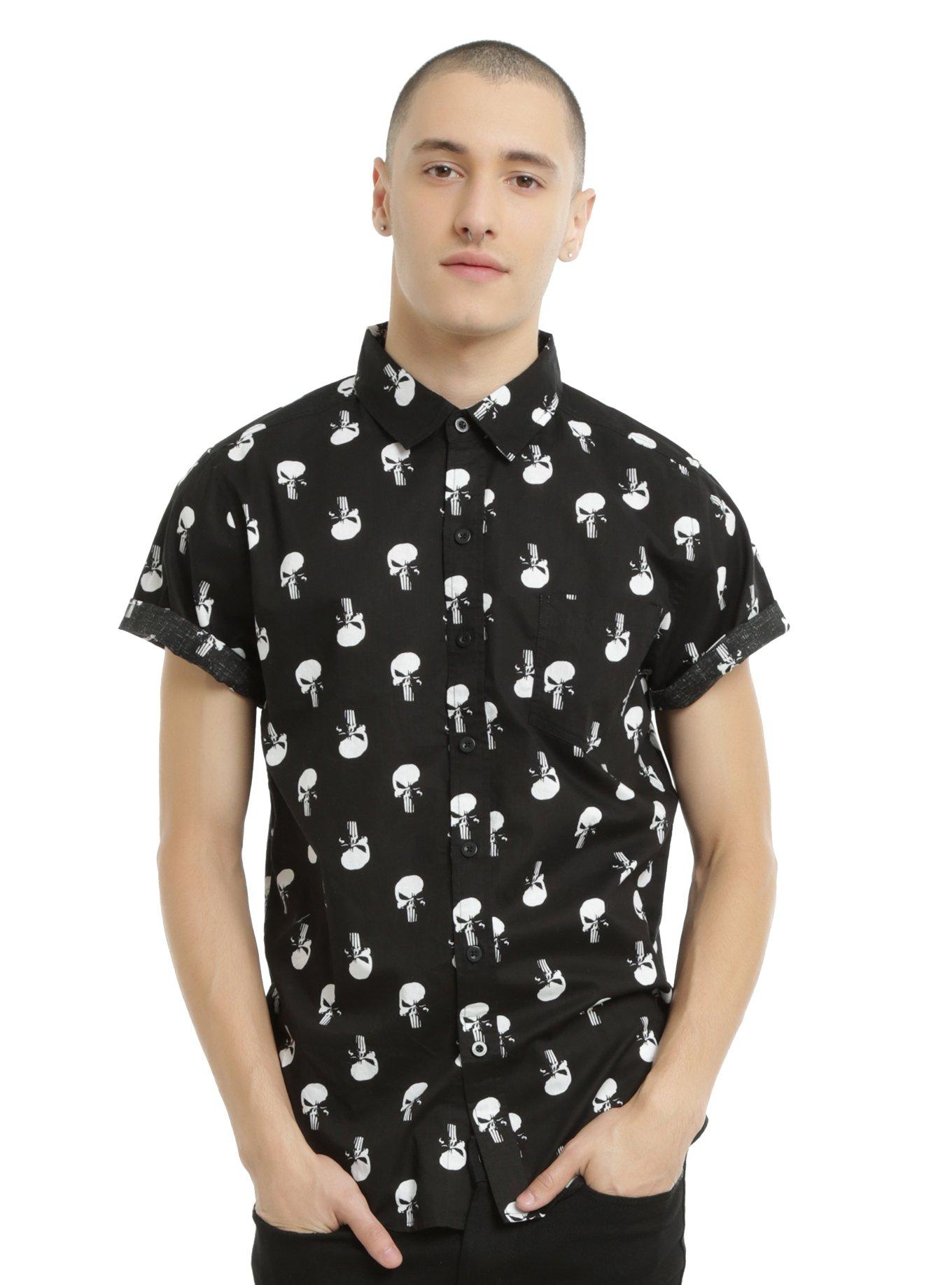 Marvel The Punisher Short-Sleeved Woven Button-Up, BLACK, hi-res