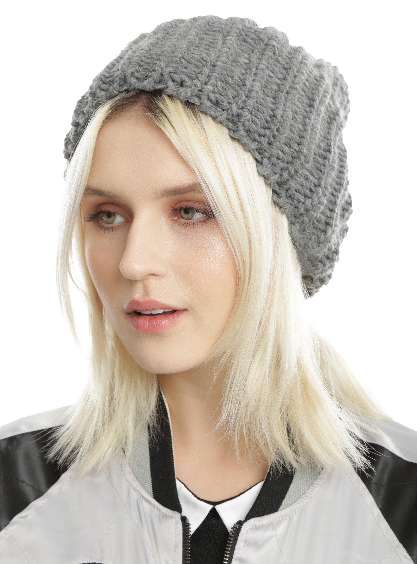 Grey Heavy Knit Slouch Beanie, , hi-res