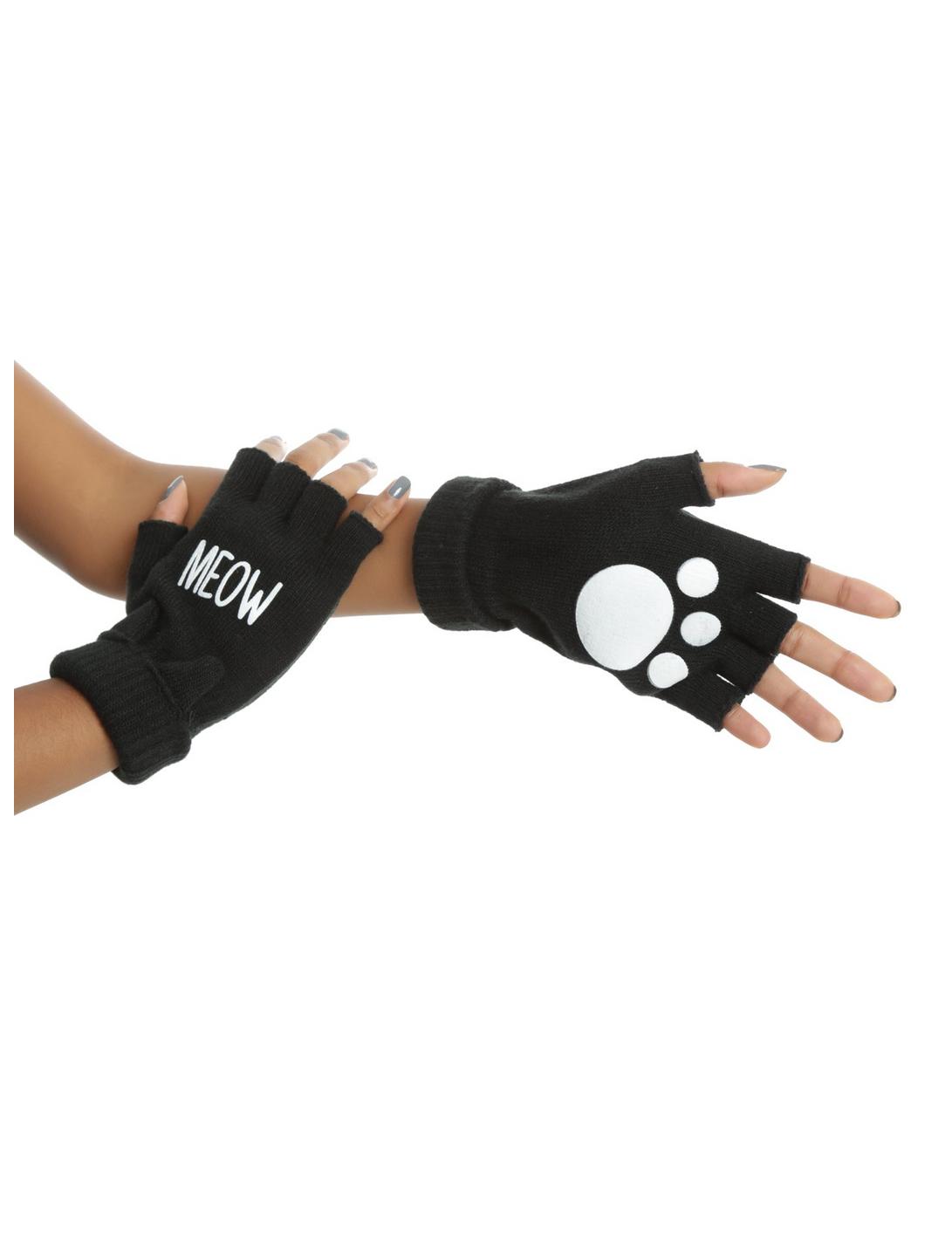 Meow Paw Print Black Fingerless Gloves, , hi-res
