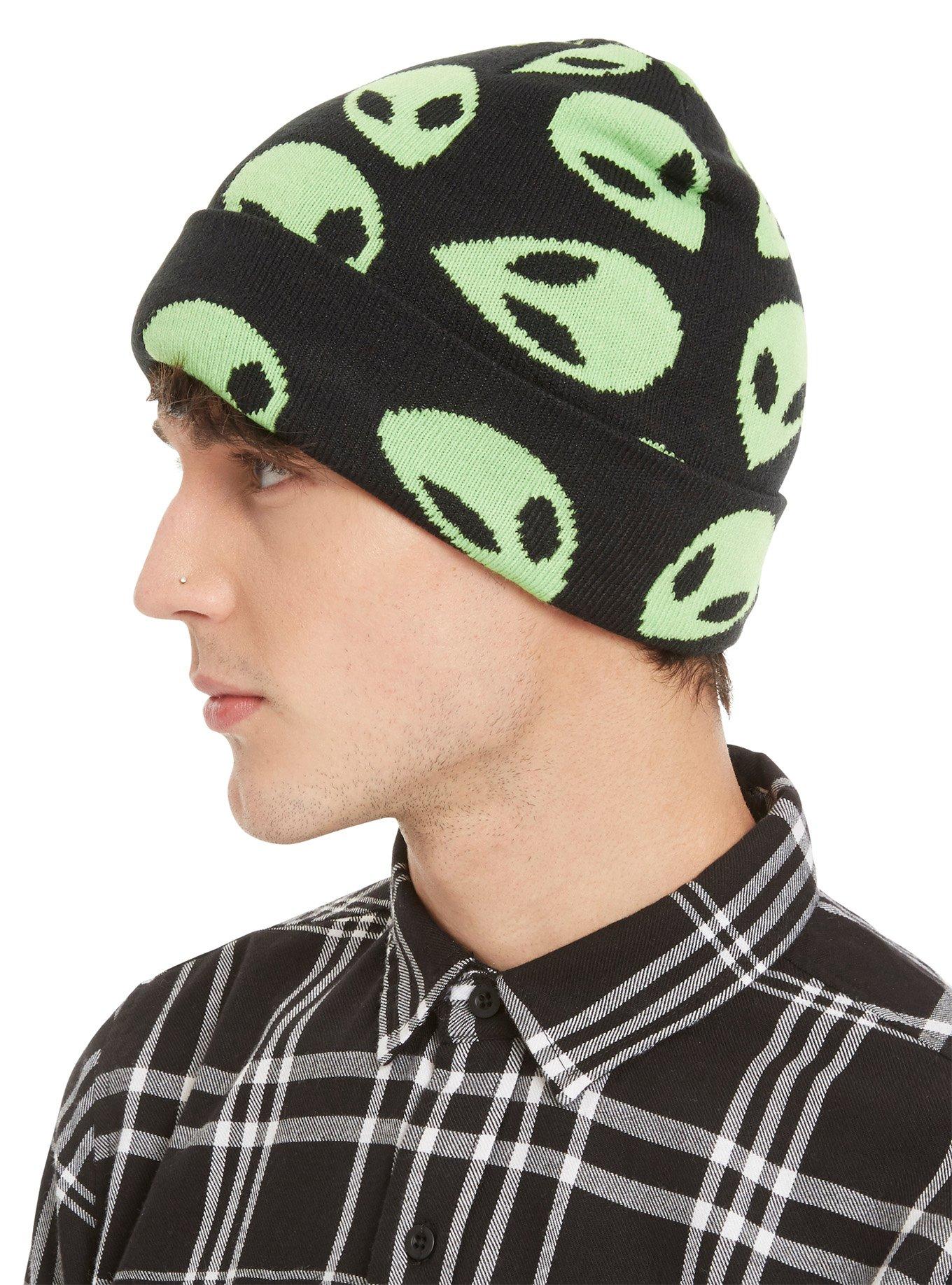 Black & Green Alien Intarsia Beanie, , hi-res