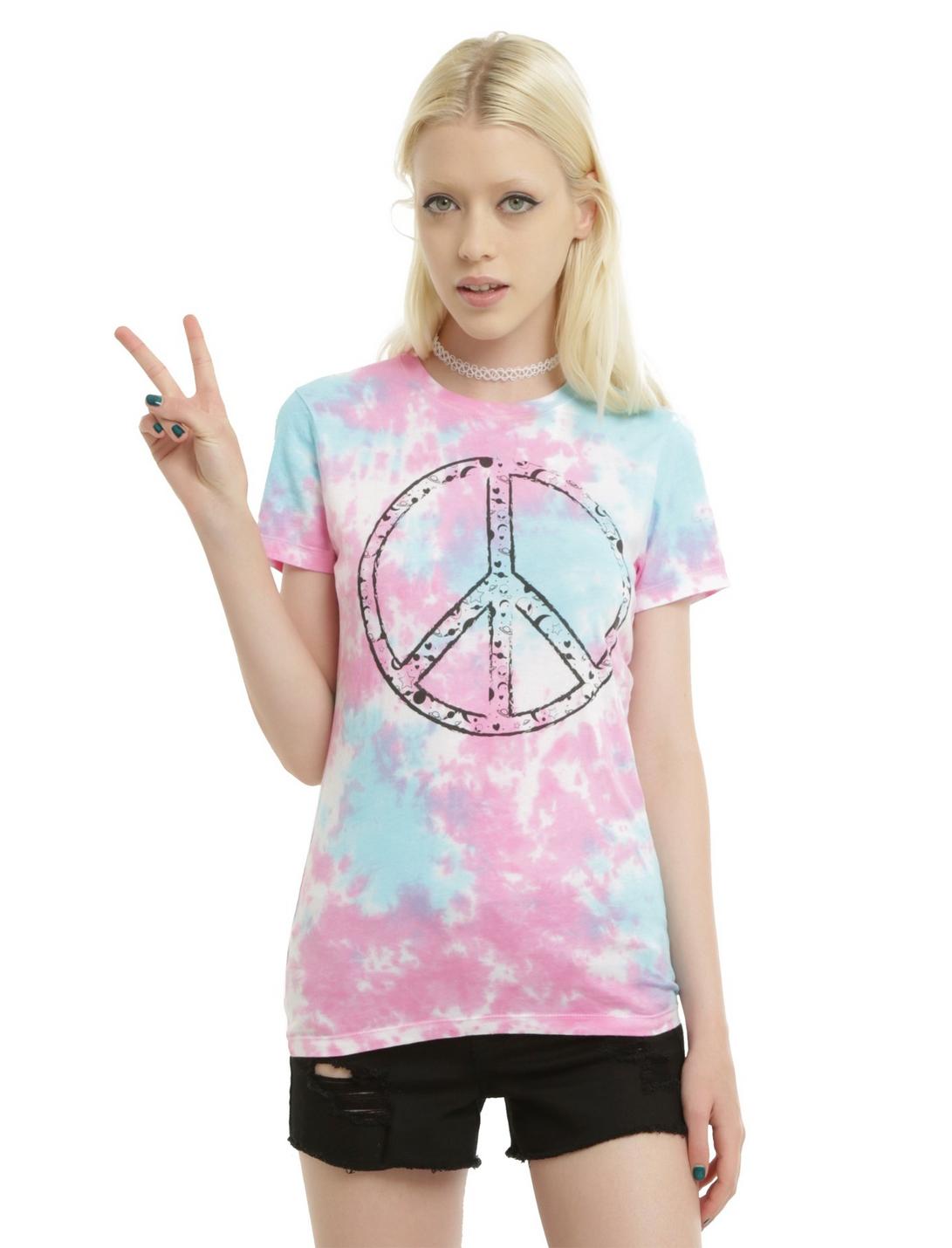 Pink & Blue Tie Dye Peace Sign Girls T-Shirt, TIE DYE, hi-res
