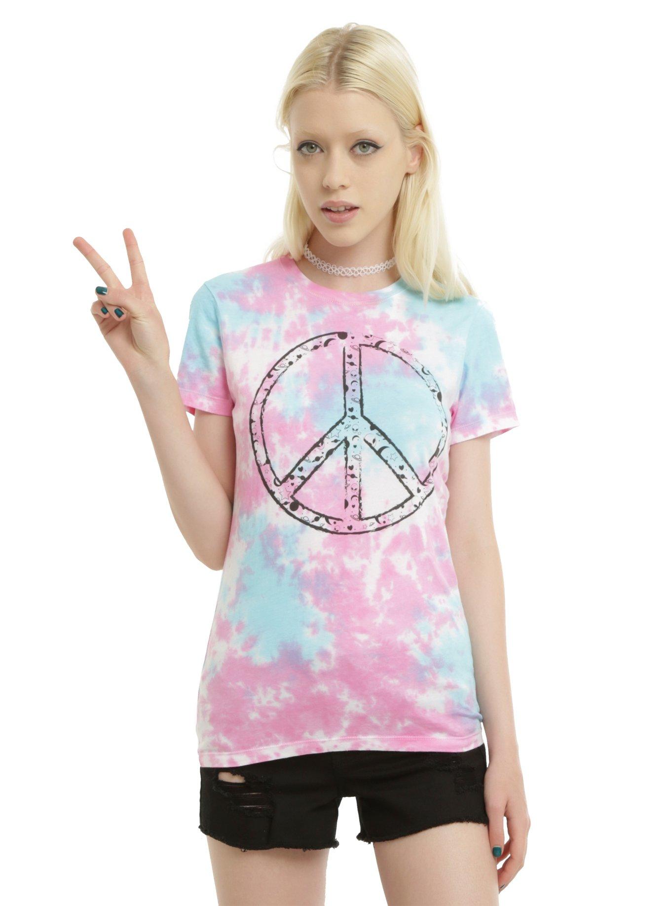 Pink & Blue Tie Dye Peace Sign Girls T-Shirt, TIE DYE, hi-res