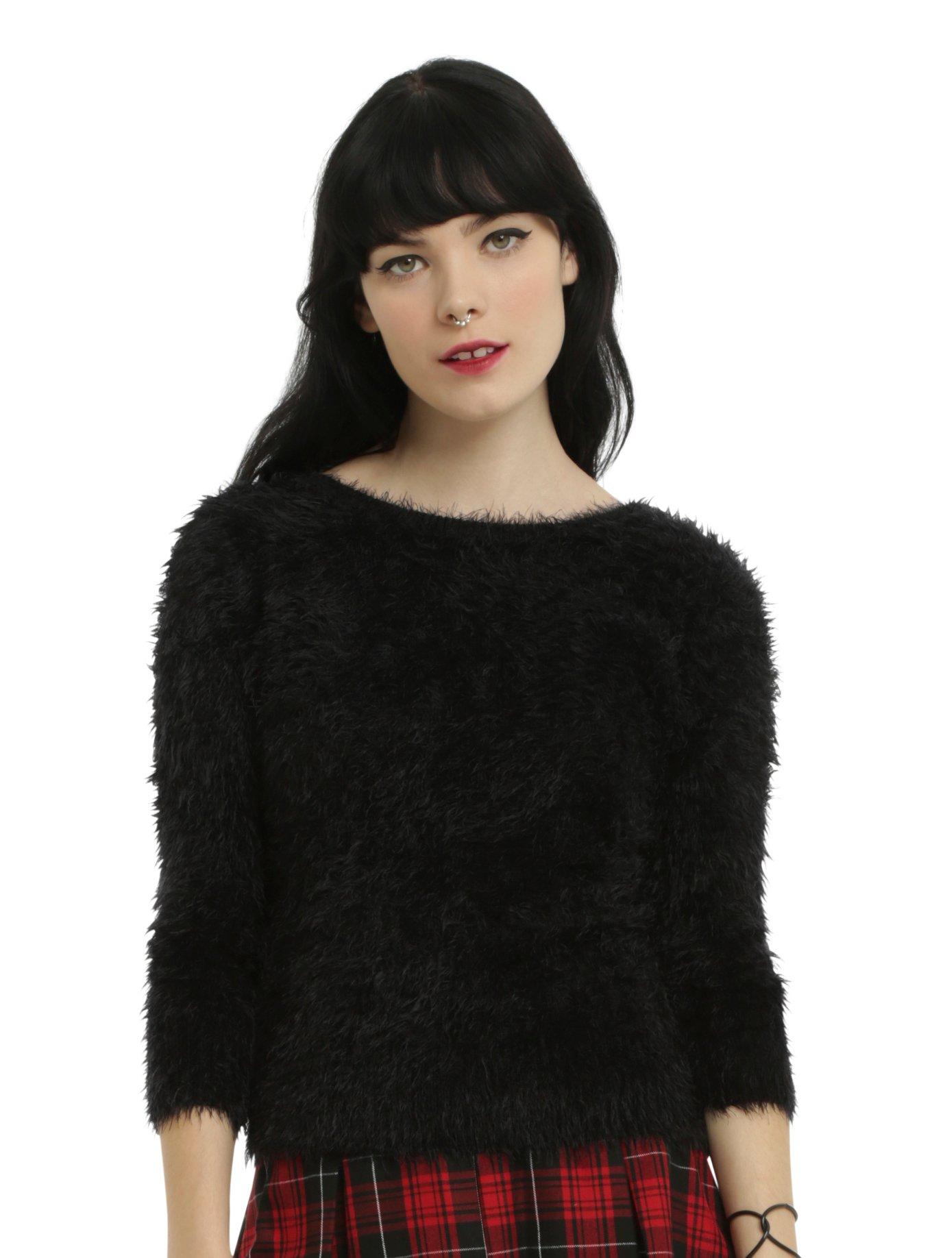 Black Fuzzy Girls Sweater, BLACK, hi-res