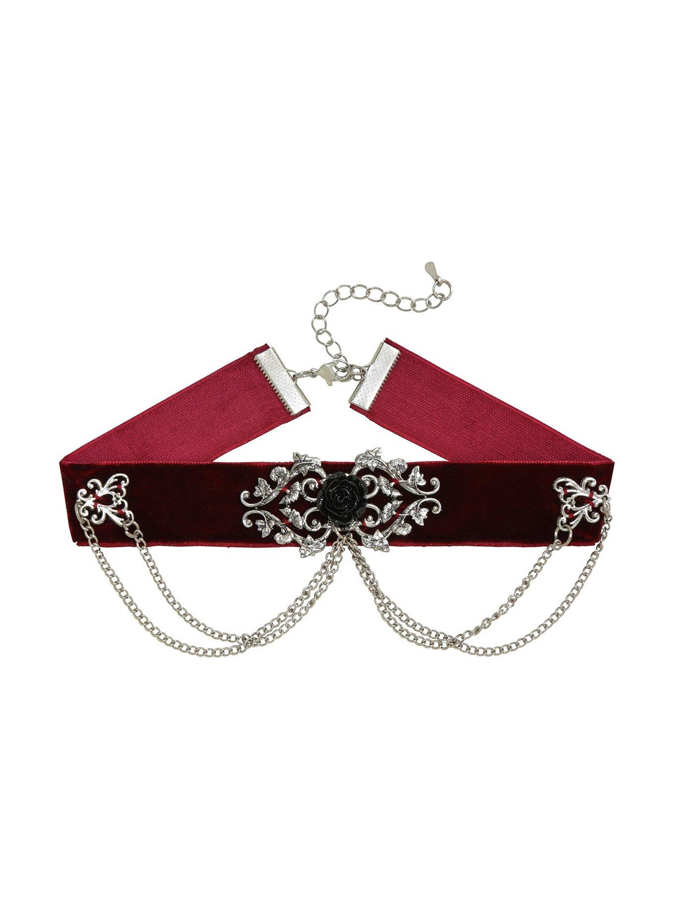 Burgundy Velvet Victorian Chain Choker, , hi-res