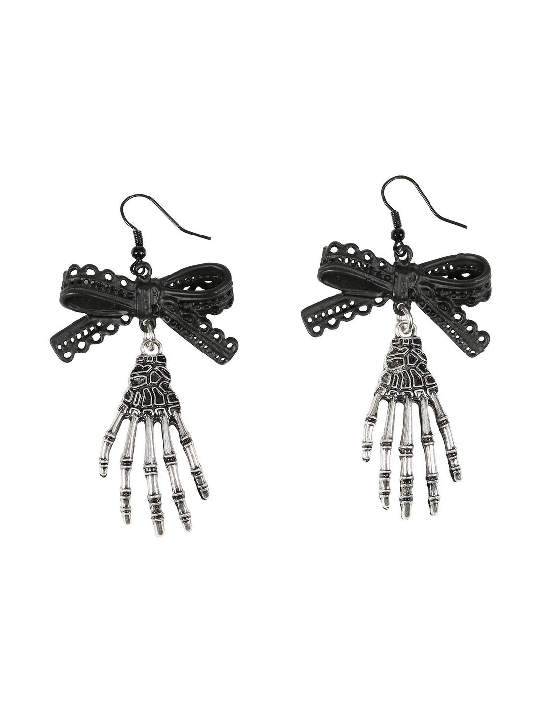Blackheart Skeleton Hands & Bows Drop Earrings, , hi-res