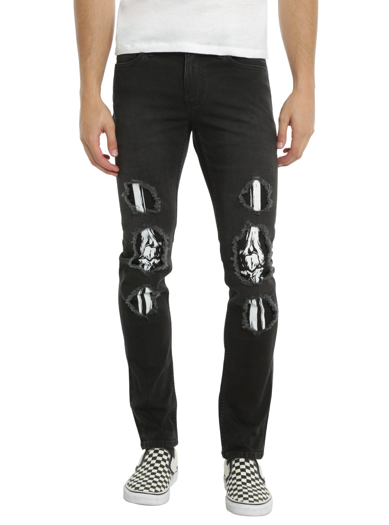 XXX RUDE Black Destructed Leg Bone Patch Skinny Jeans, BLACK, hi-res