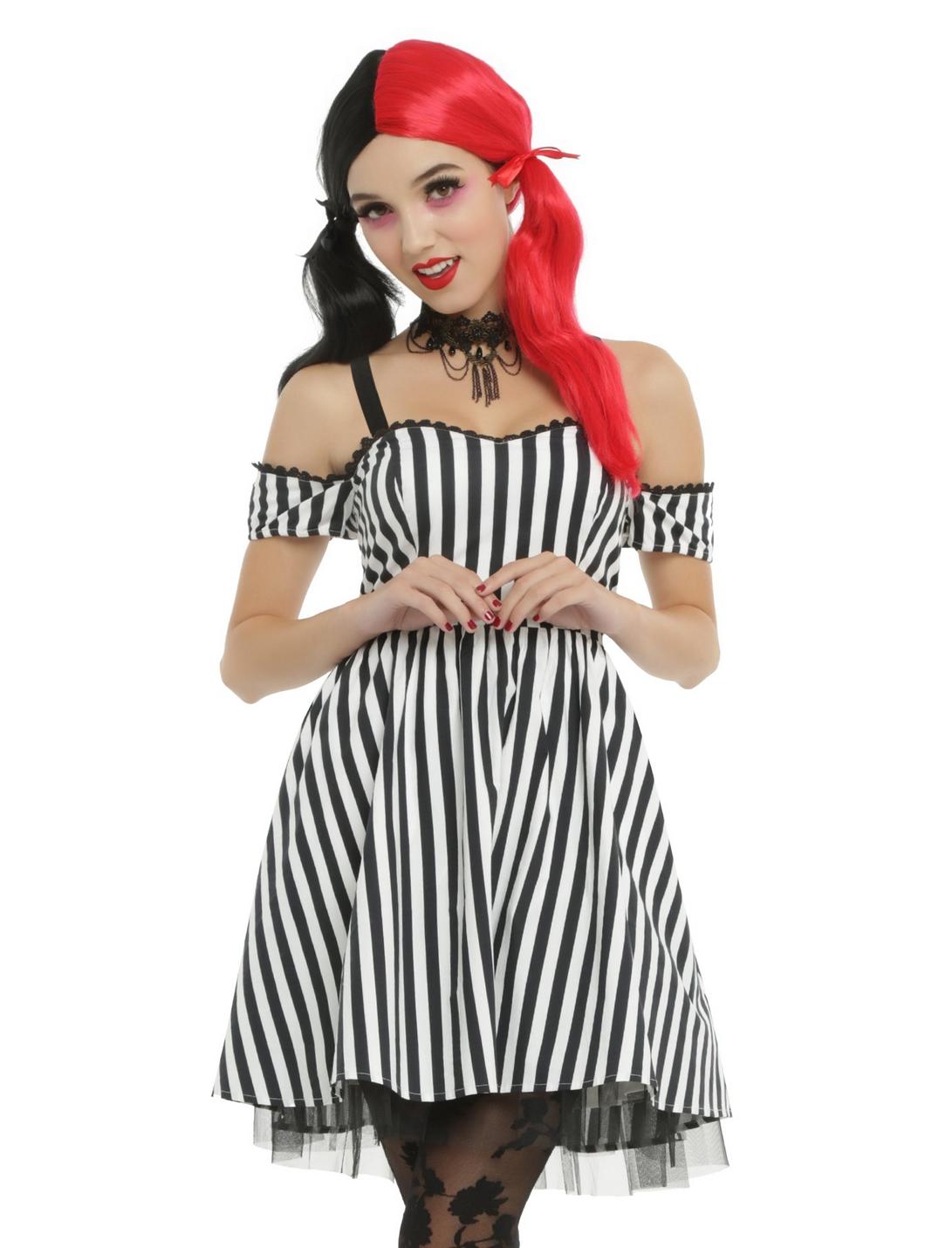 Black & White Striped Off-The-Shoulder Dress, BLACK, hi-res