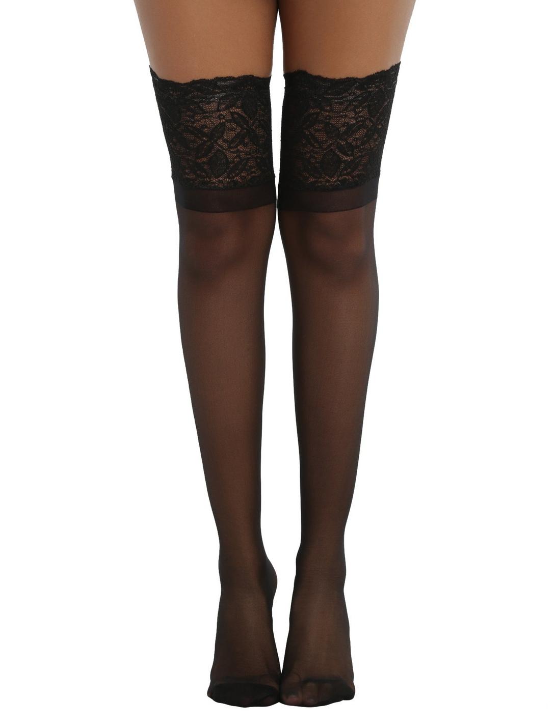 Blackheart Sheer Black Large Lace Cuff Thigh Highs , , hi-res