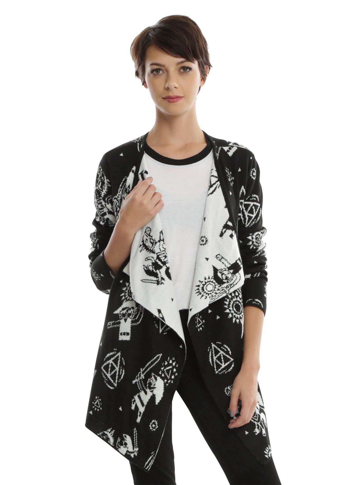 The Legend Of Zelda Symbols Girls Flyaway Cardigan, BLACK-WHITE, hi-res