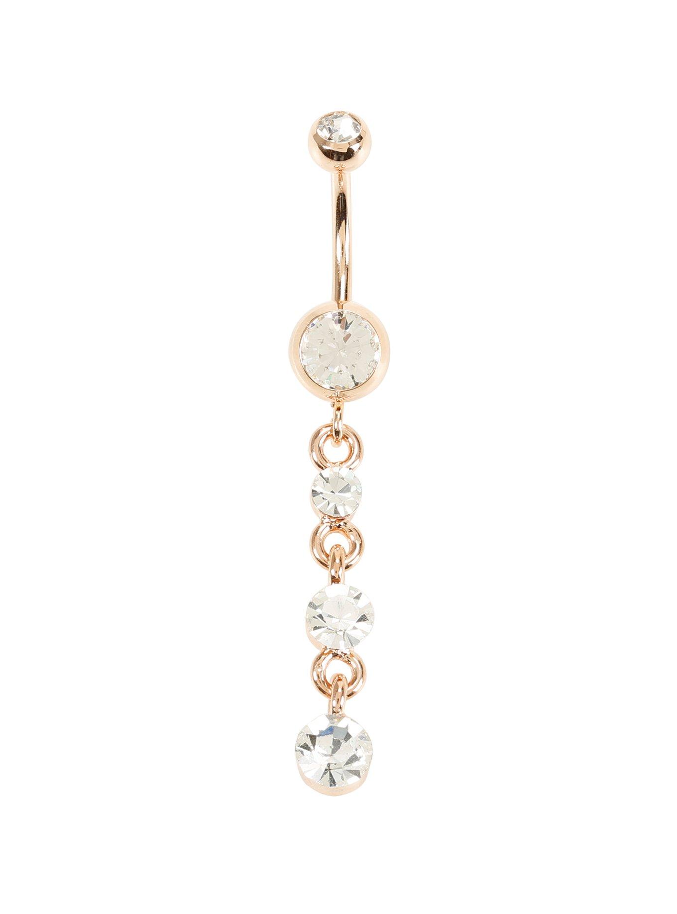 Steel 14G Rose Gold Clear CZ Dangle Navel Barbell, , hi-res
