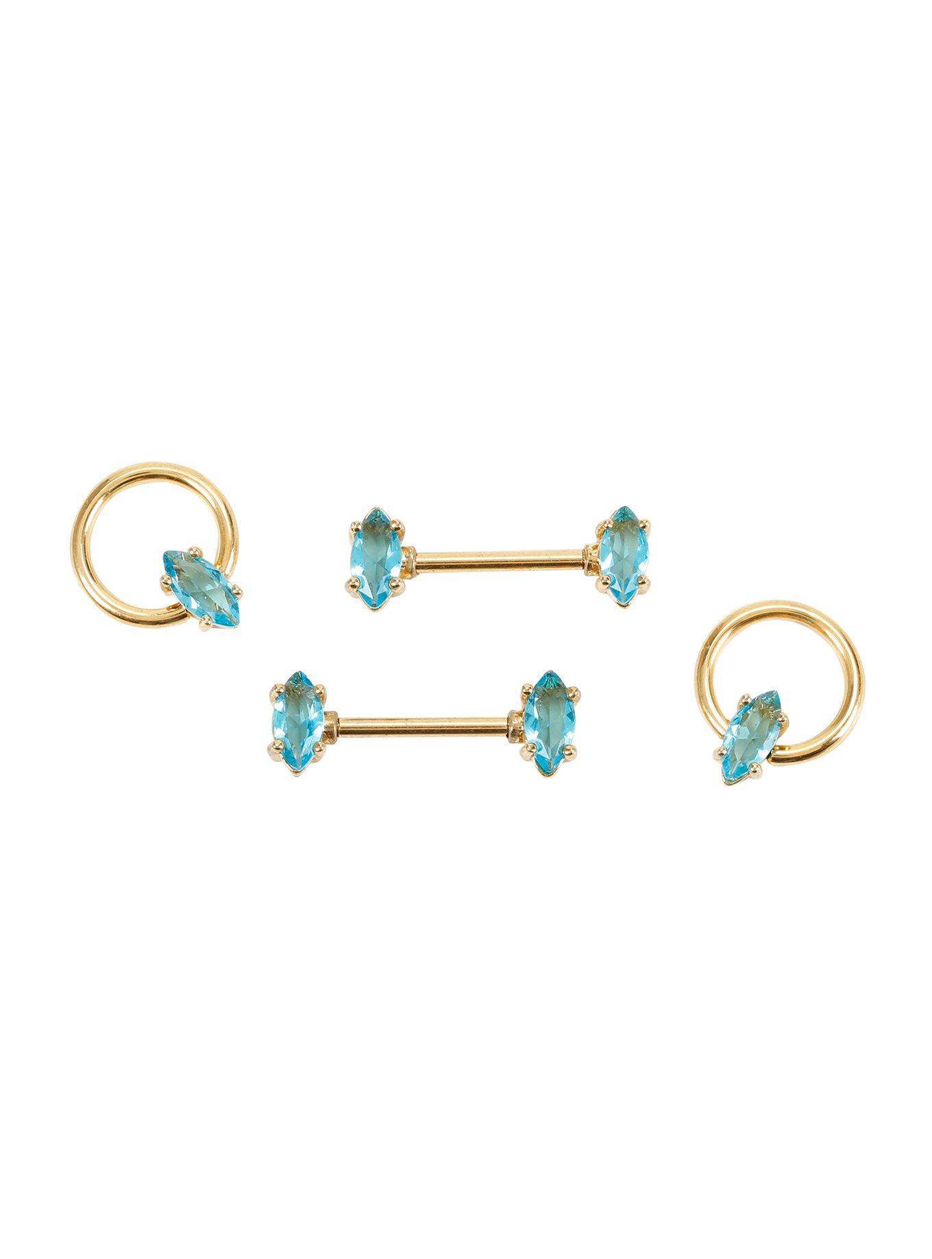Steel Gold Pronged Turquoise Stone Nipple Barbell 4 Pack, , hi-res
