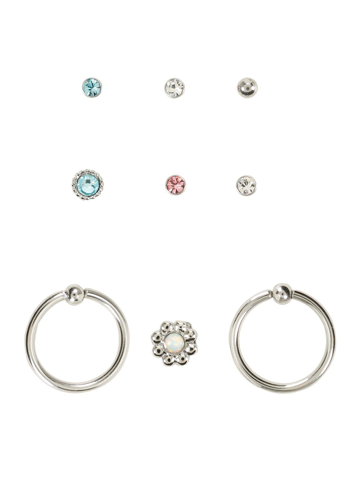 Steel Pink & Blue Opal Nose Stud & Hoop 9 Pack, MULTI, hi-res