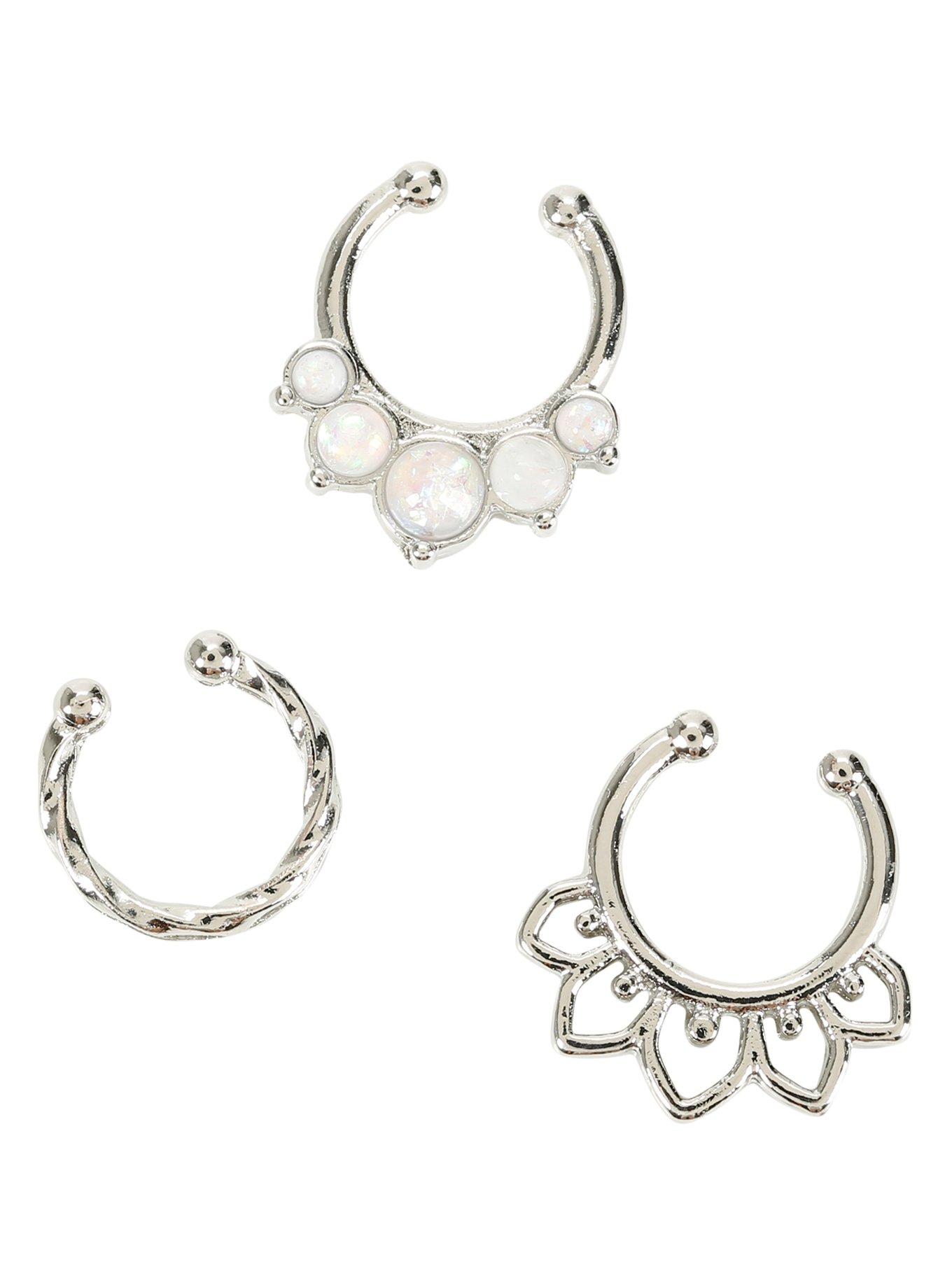 Silver White Opal Faux Septum Ring Set, , hi-res