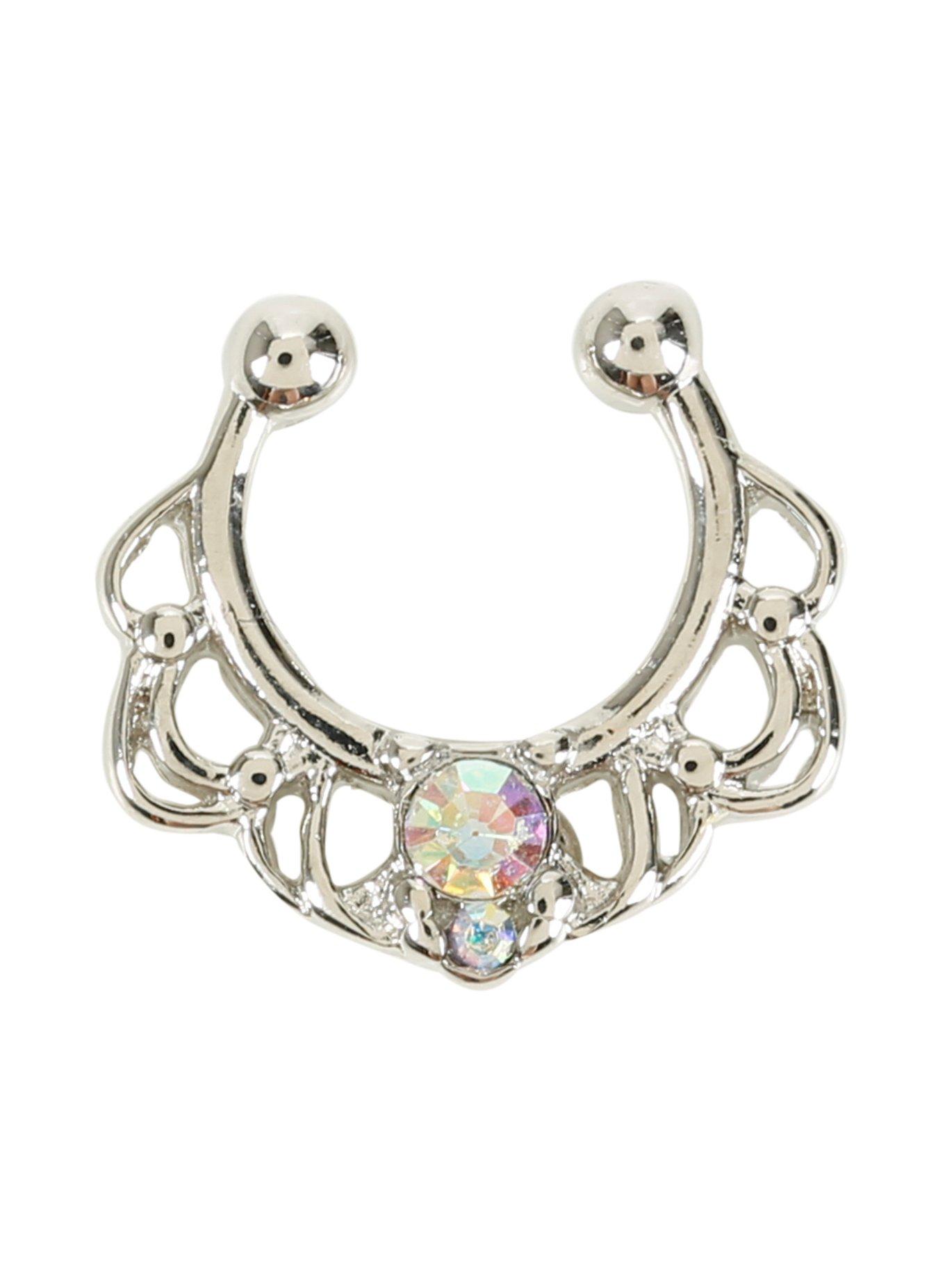 Blackheart Silver Iridescent CZ Loop Faux Septum Ring, , hi-res