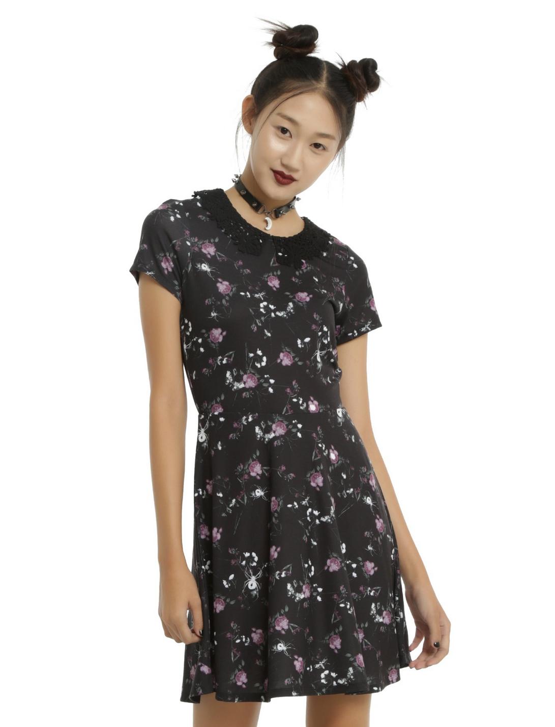 Black Floral & Bug Lace Collar Dress, BLACK, hi-res