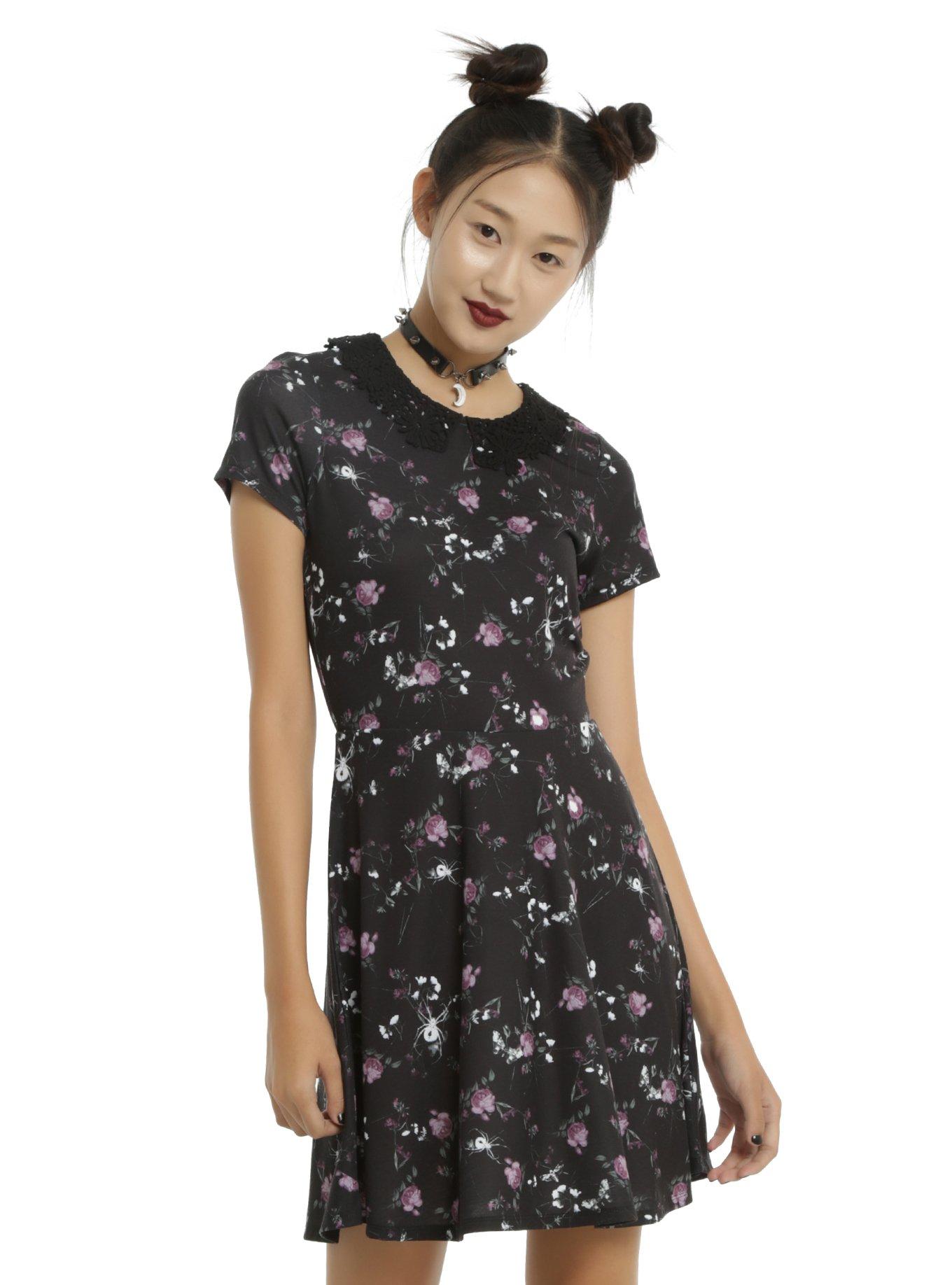 Black Floral & Bug Lace Collar Dress, BLACK, hi-res