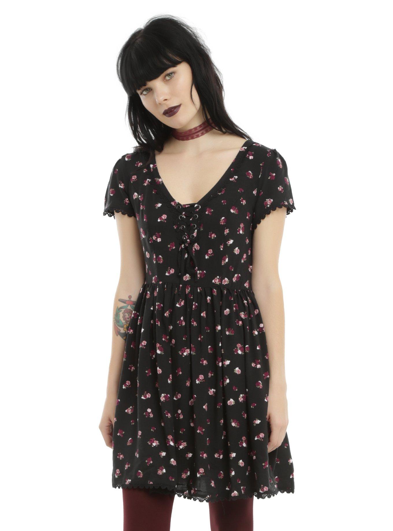 Black Floral Print Babydoll Dress Hot Topic