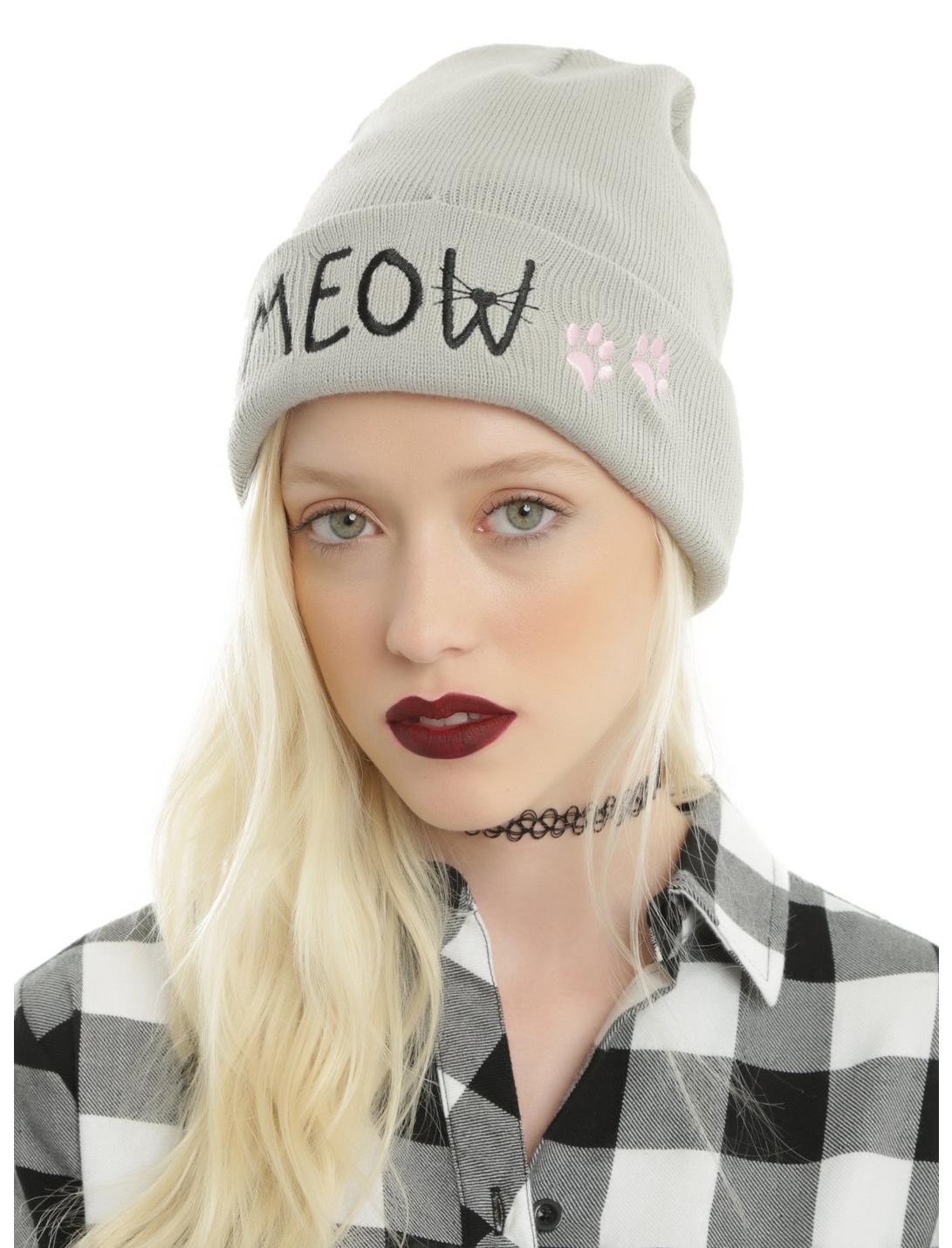 Pink Paw Meow Grey Watchman Beanie | Hot Topic