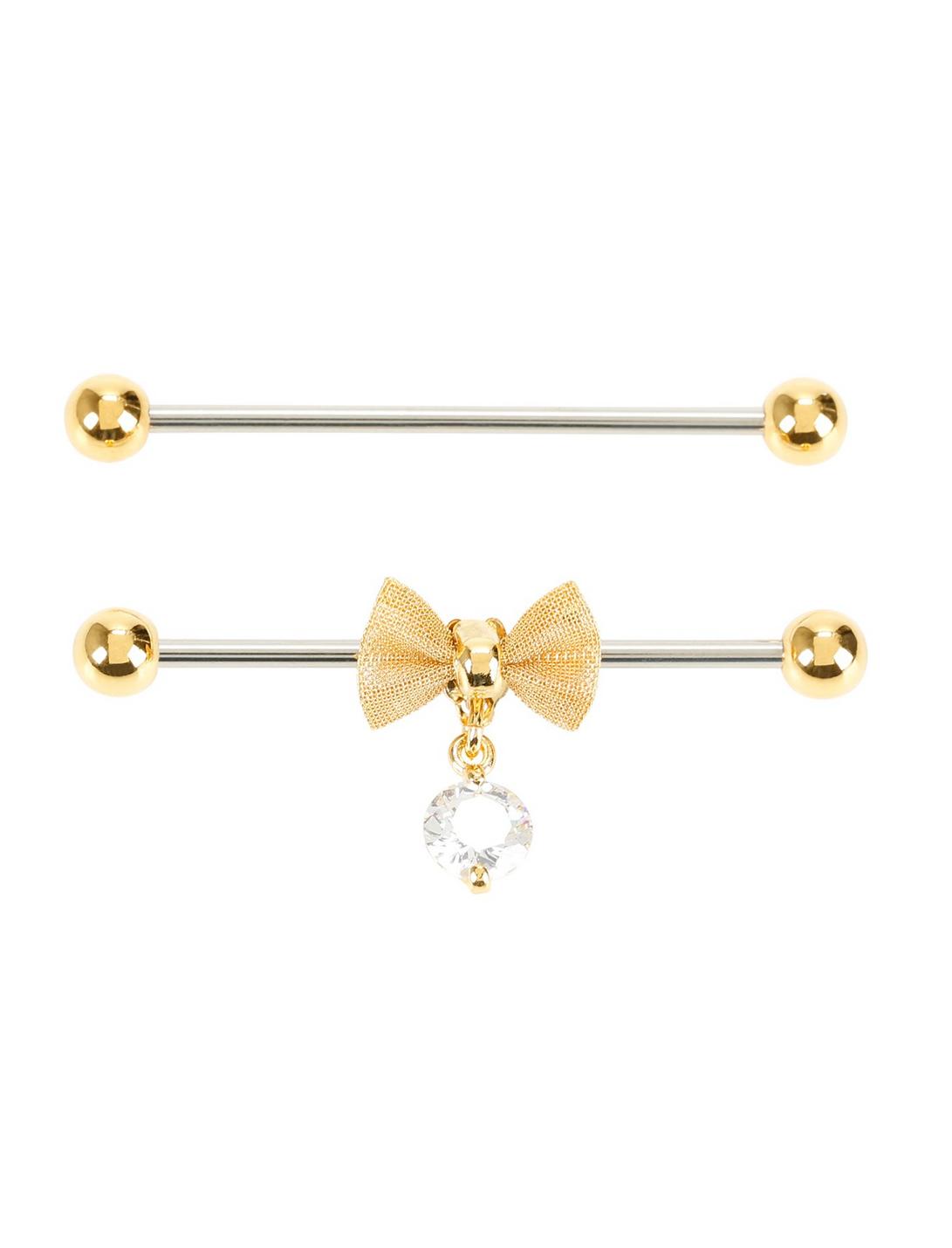 14G Steel Gold Mesh Bow Industrial Barbell 2 Pack, , hi-res