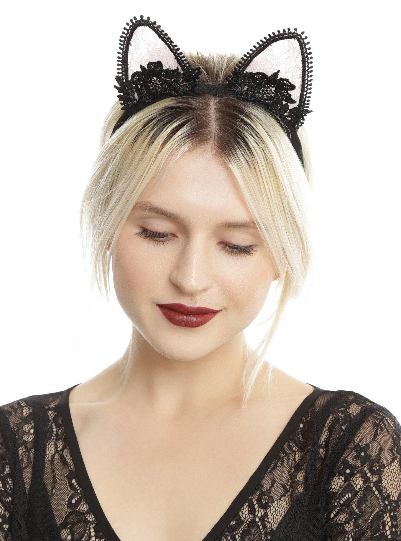 Black & Pink Lace Cat Ear Headband Hot Topic