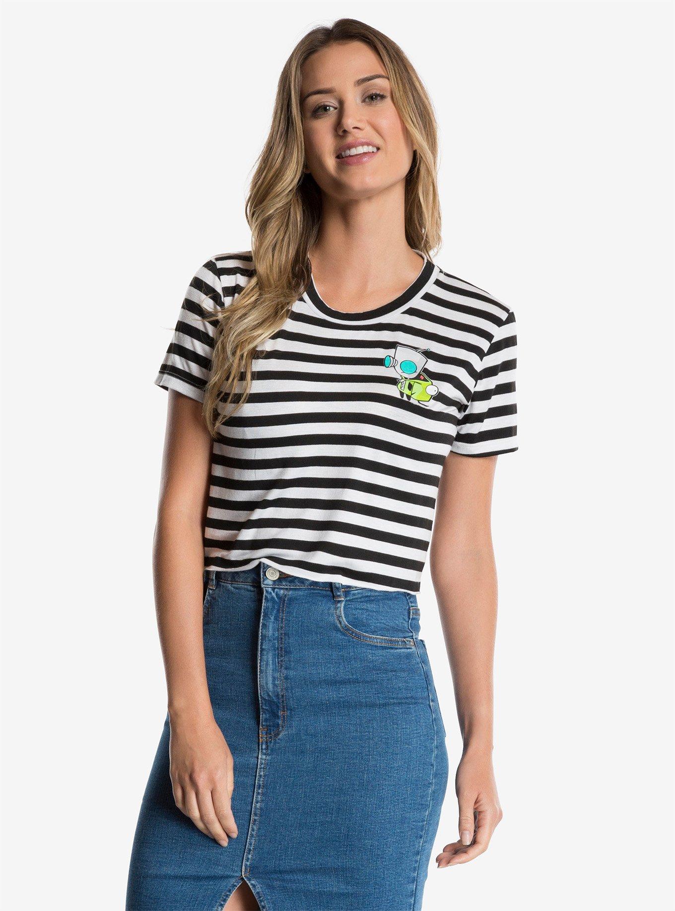 Invader Zim Pocket Hit Striped Womens Cropped Tee, BLACK, hi-res