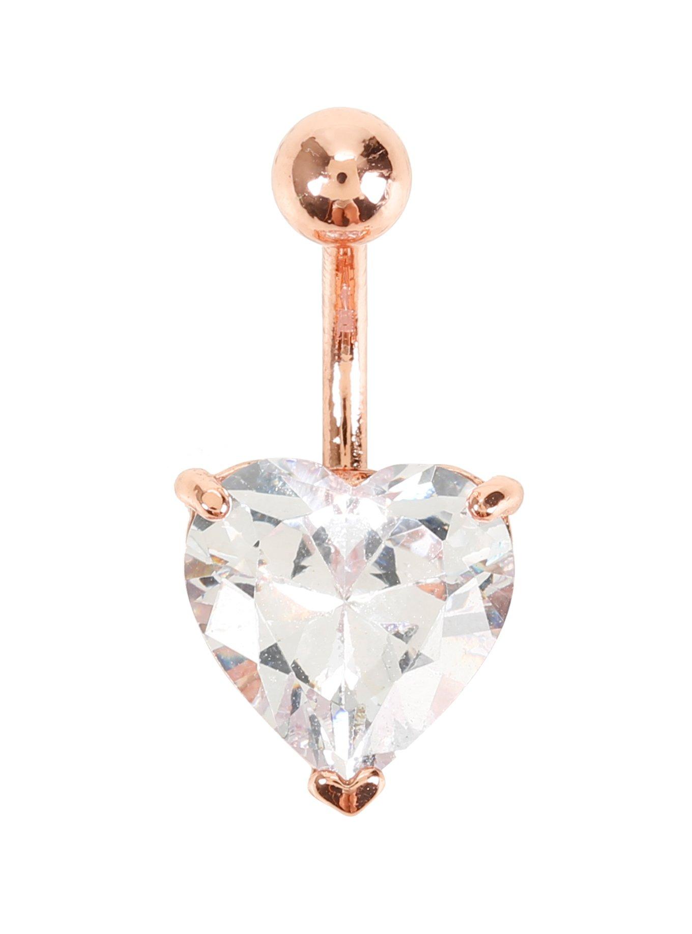 Steel 14G Rose Gold Clear Heart CZ Navel Barbell, , hi-res