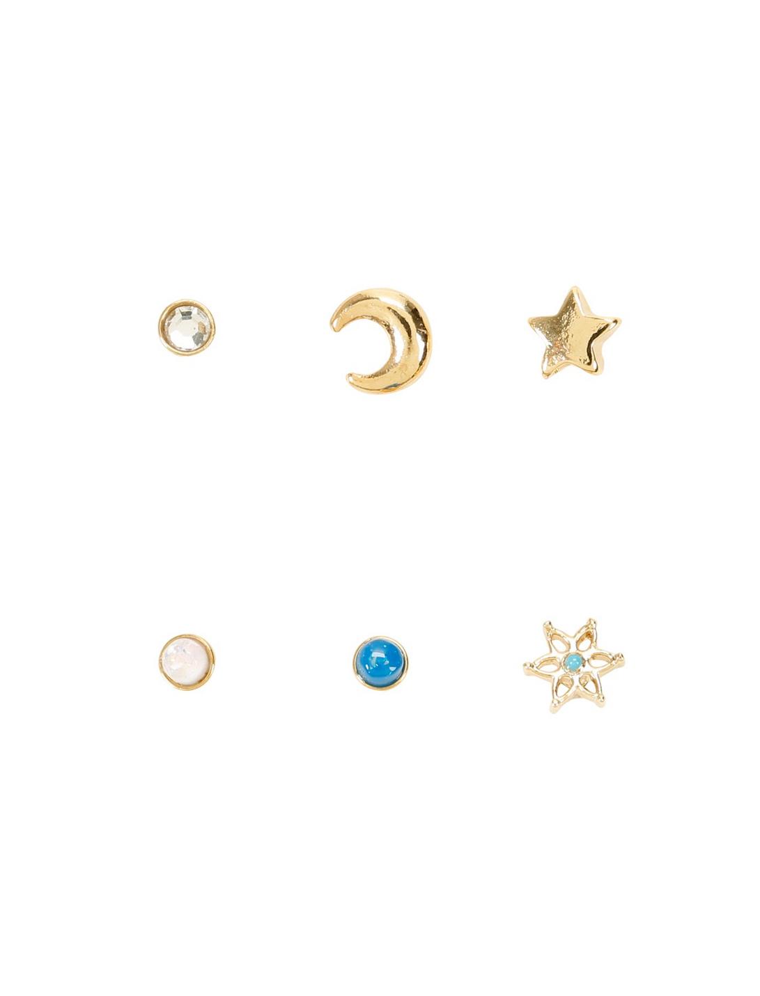 Steel Gold Moon Star & Opal Nose Stud 6 Pack, MULTI, hi-res