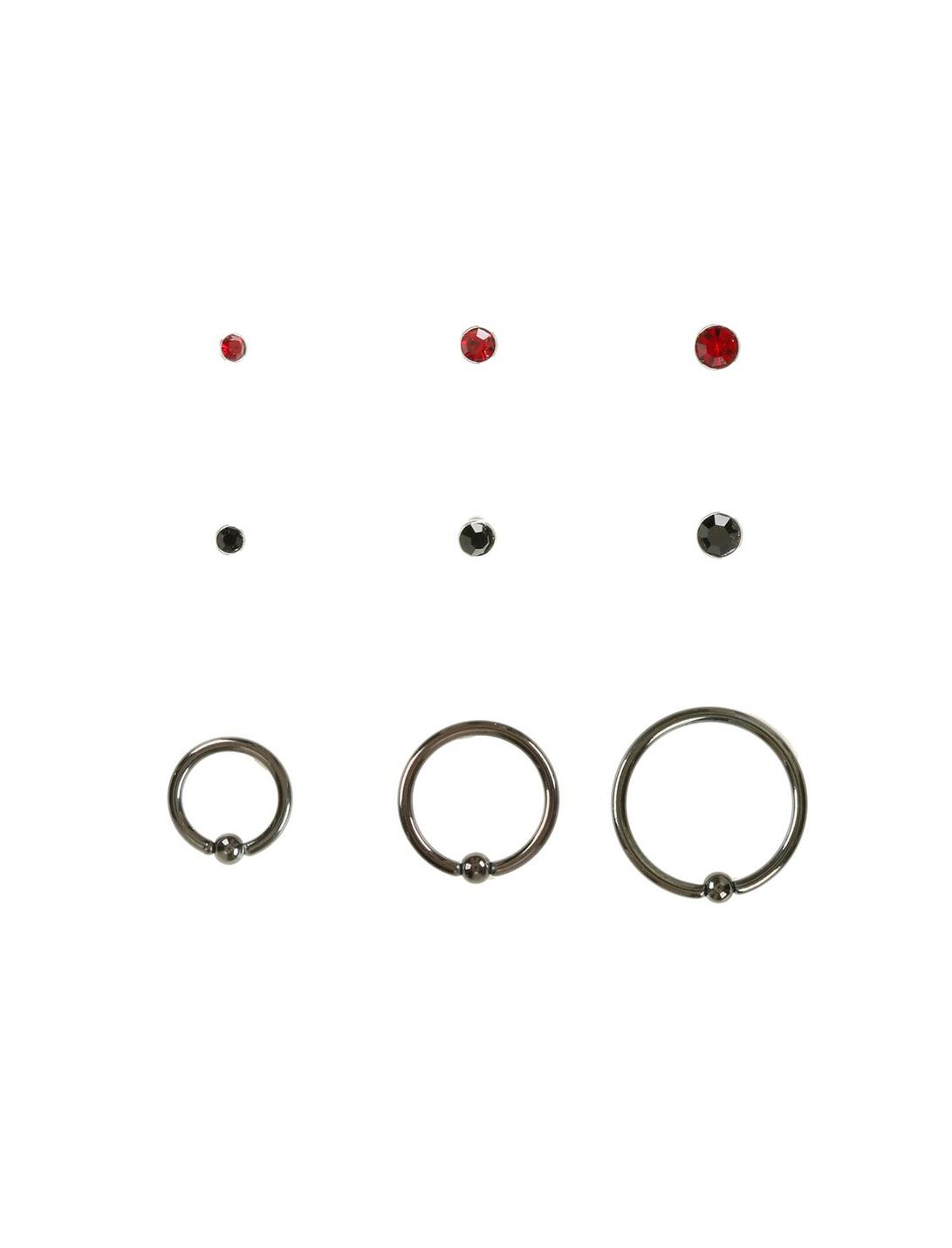 Steel Black & Red CZ Nose Stud & Hoop 9 Pack, MULTI, hi-res