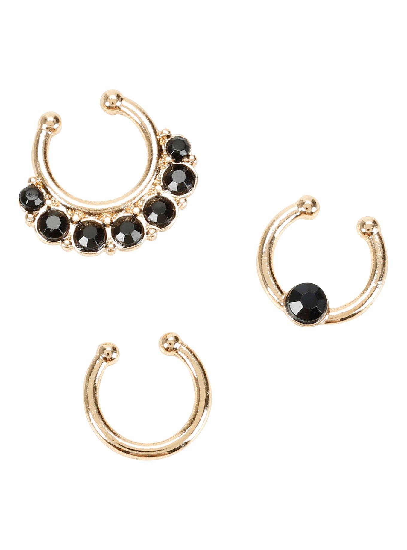 Blackheart Gold & Black CZ Faux Septum Ring Set, , hi-res