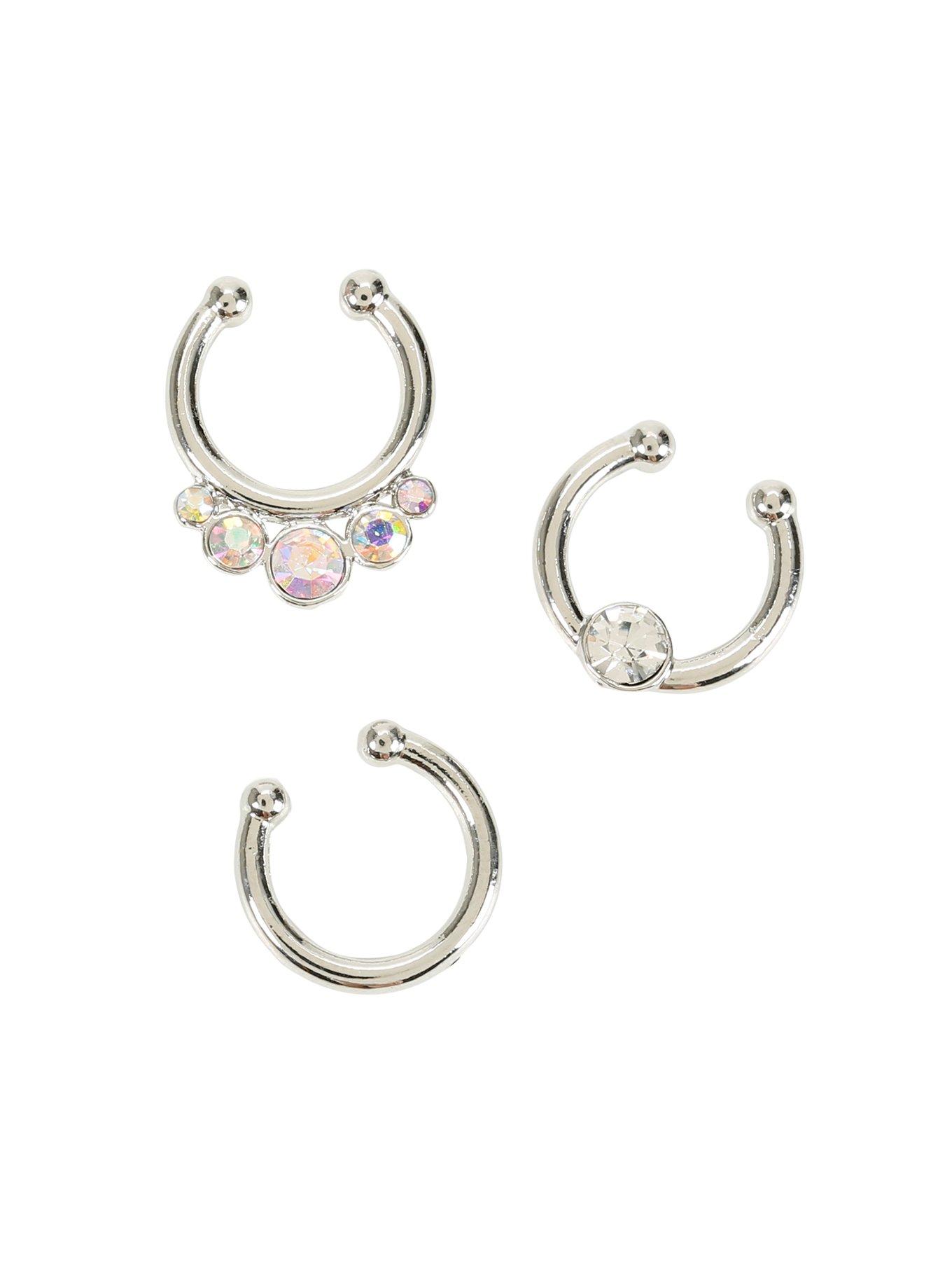 Blackheart Silver Iridescent & Clear CZ Faux Septum Ring Set, , hi-res