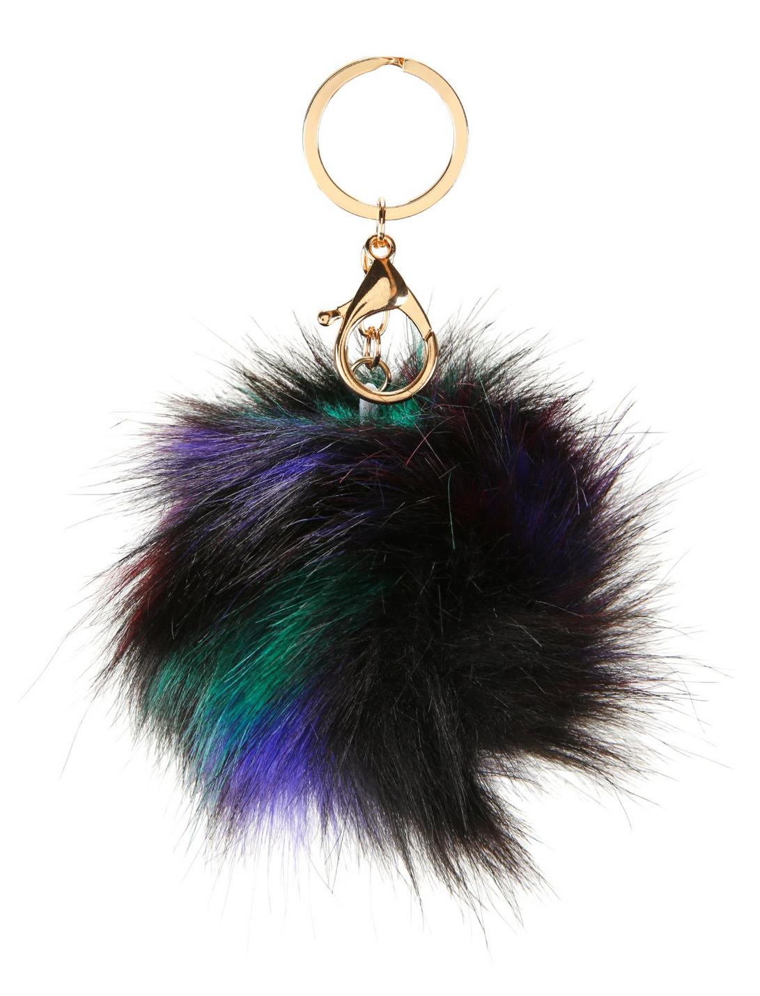 Dark Rainbow Fur Pom Key Chain, , hi-res