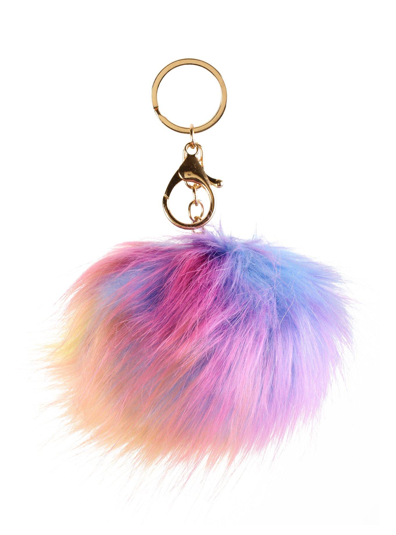 Rainbow Fur Pom Key Chain, , hi-res