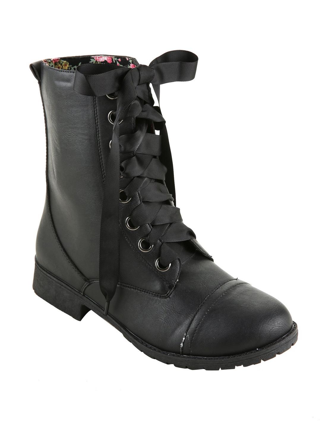 Black Floral Lined Wide Width Combat Boots, BLACK, hi-res