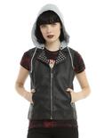 Black Faux Leather Removable Hood Studded Girls Vest, BLACK, hi-res