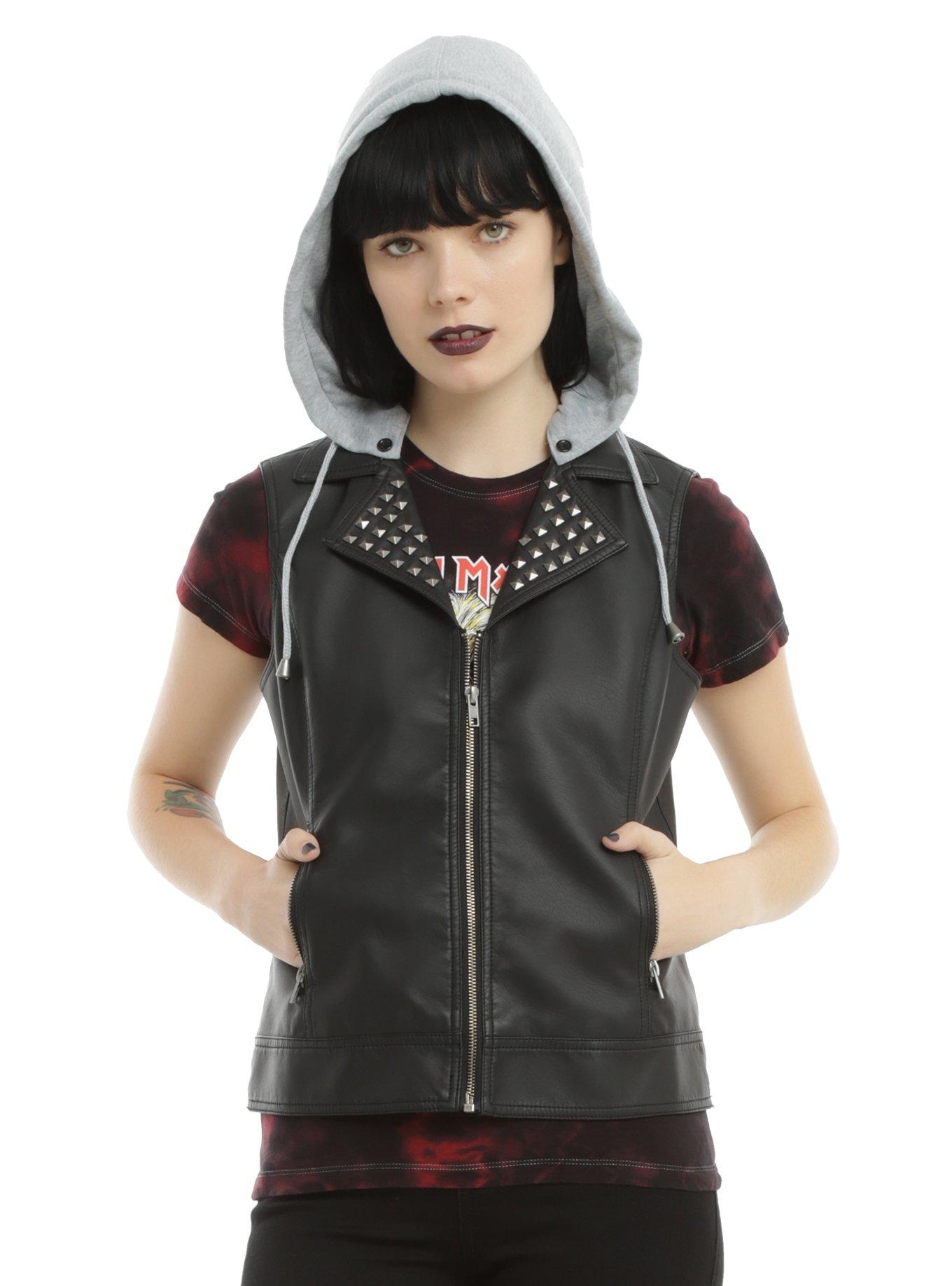 Black Faux Leather Removable Hood Studded Girls Vest, BLACK, hi-res