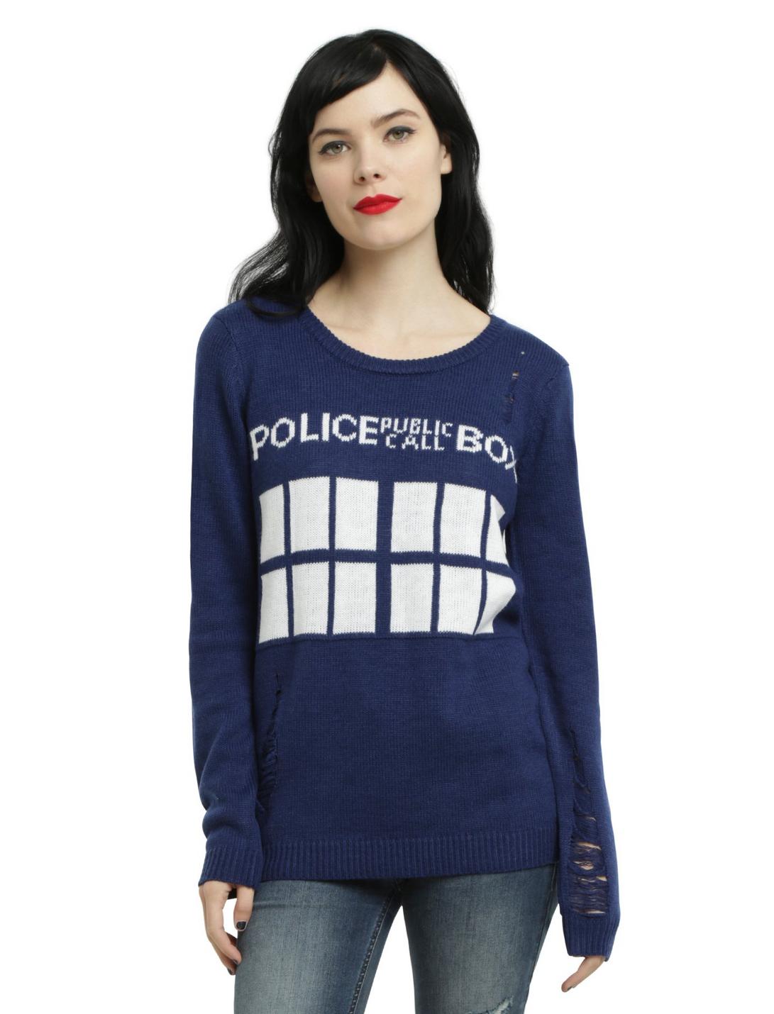 Doctor Who TARDIS Distressed Girls Sweater, BLUE, hi-res