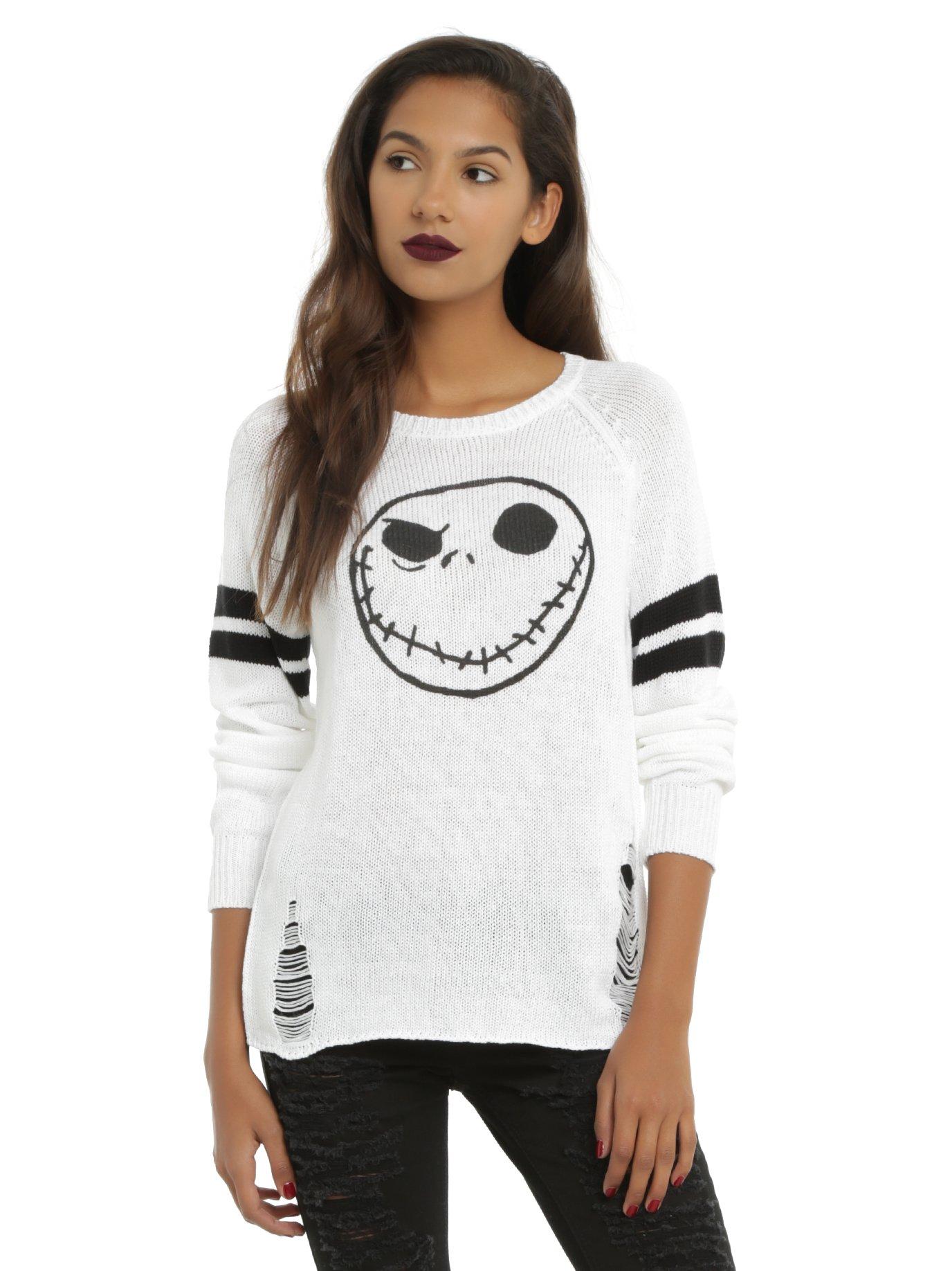 The Nightmare Before Christmas Jack Skellington Girls Destructed Sweater, WHITE, hi-res