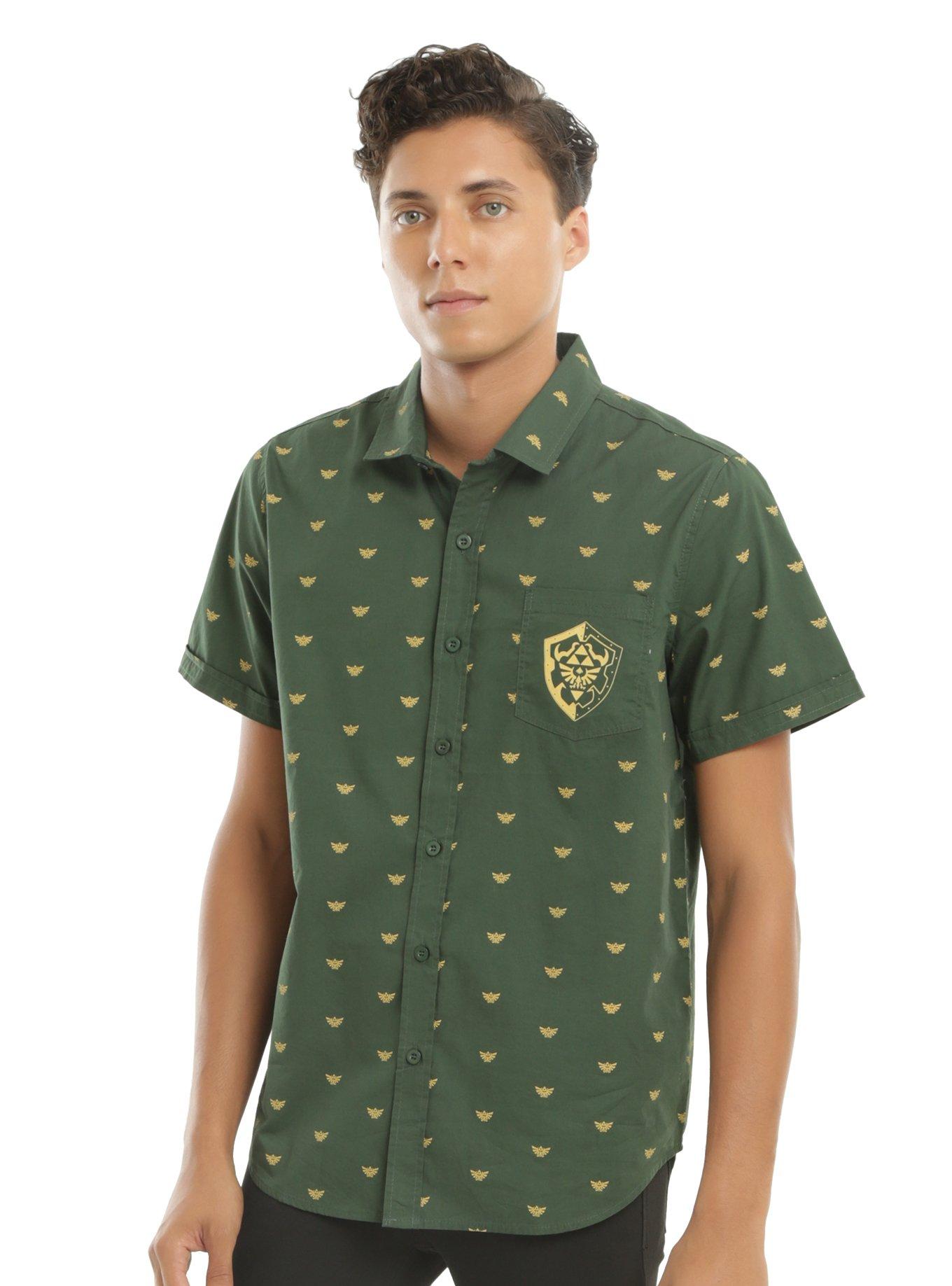 The Legend Of Zelda Hylian Crest Short-Sleeved Woven Button-Up, GREEN, hi-res