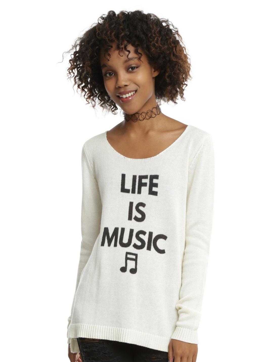 Ivory Lace-Up Back Life Is Music Girls Sweater, IVORY, hi-res