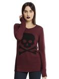 Burgundy & Black Skull Destructed Girls Sweater, PURPLE, hi-res