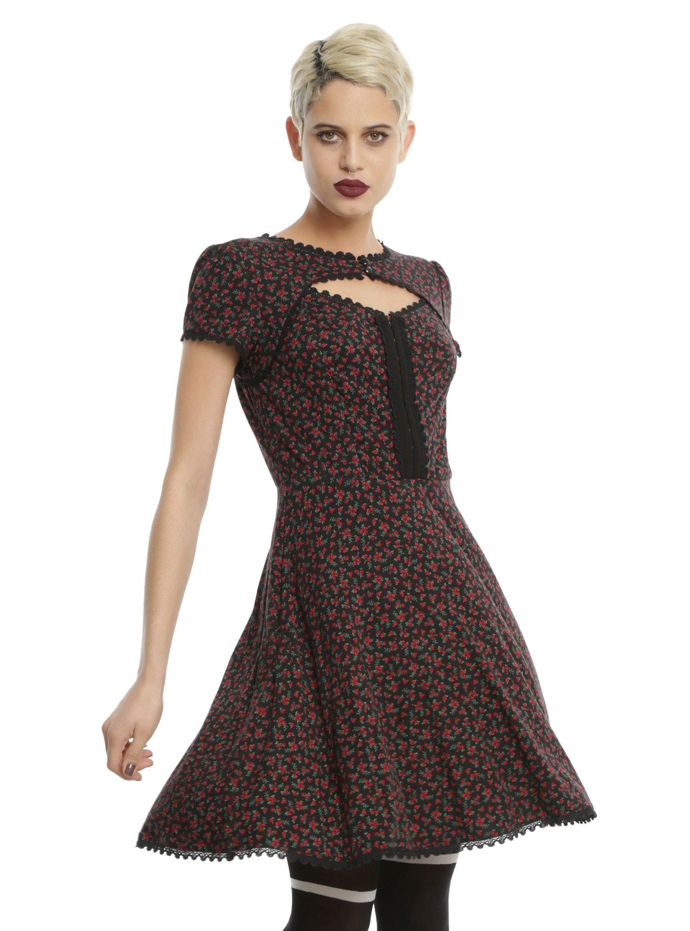 Black & Red Miniature Roses Rockabilly Dress, BLACK FLORAL, hi-res