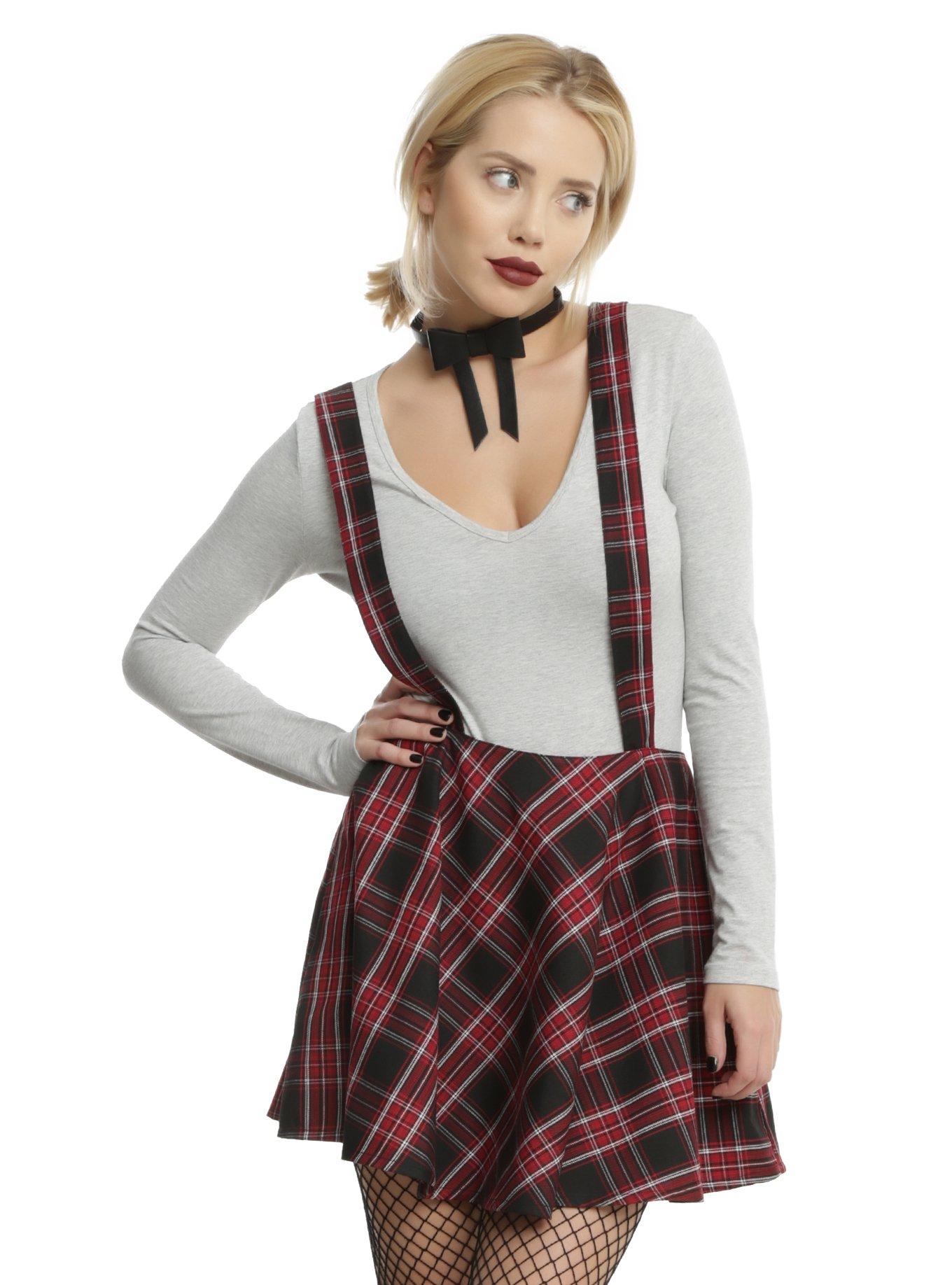 Red & Black Plaid Suspender Skirt, RED, hi-res