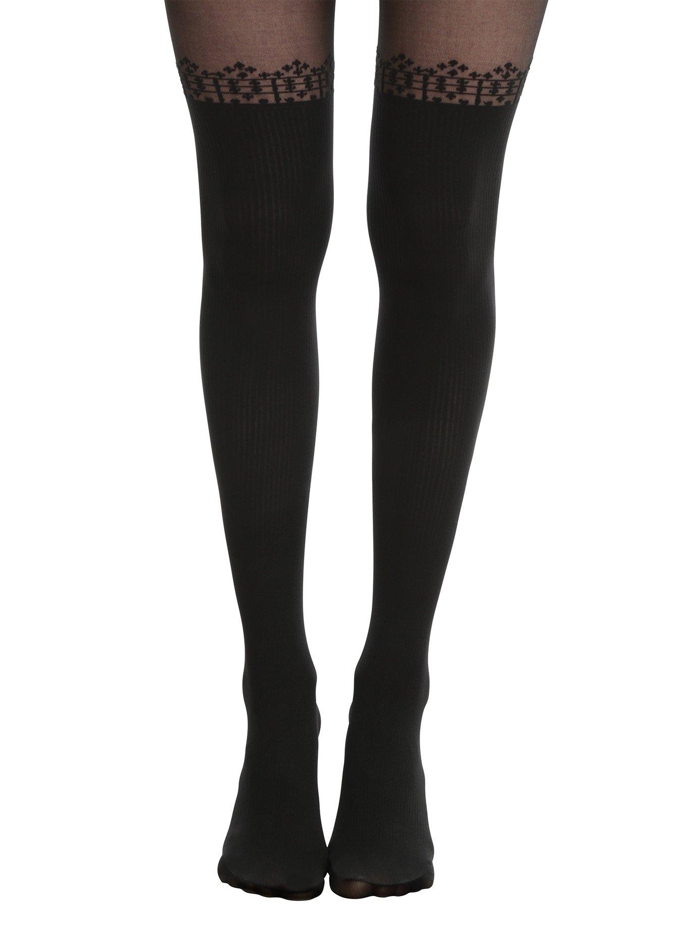 Blackheart Black Ribbed Faux Thigh High Tights, BLACK, hi-res