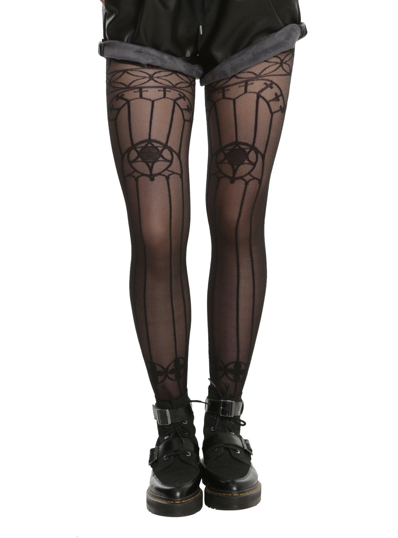 Blackheart Black Sheer Stained Glass Design Tights, BLACK, hi-res