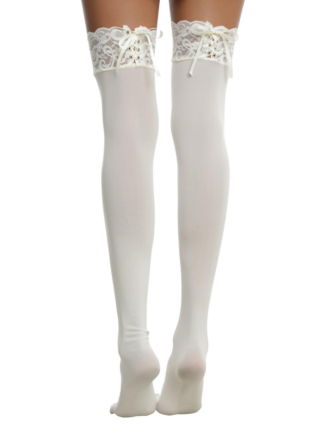 Blackheart Cream Lace-Up Thigh Highs, IVORY, hi-res