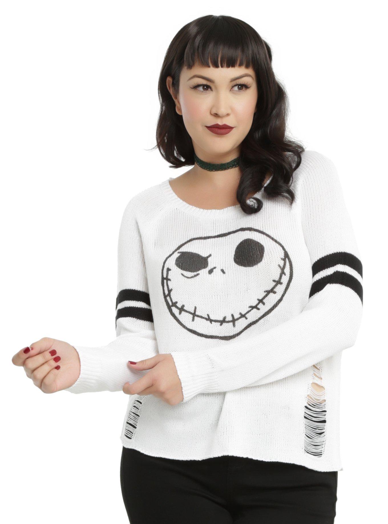 The Nightmare Before Christmas Jack Skellington Girls Destructed Sweater Plus Size, BLACK, hi-res