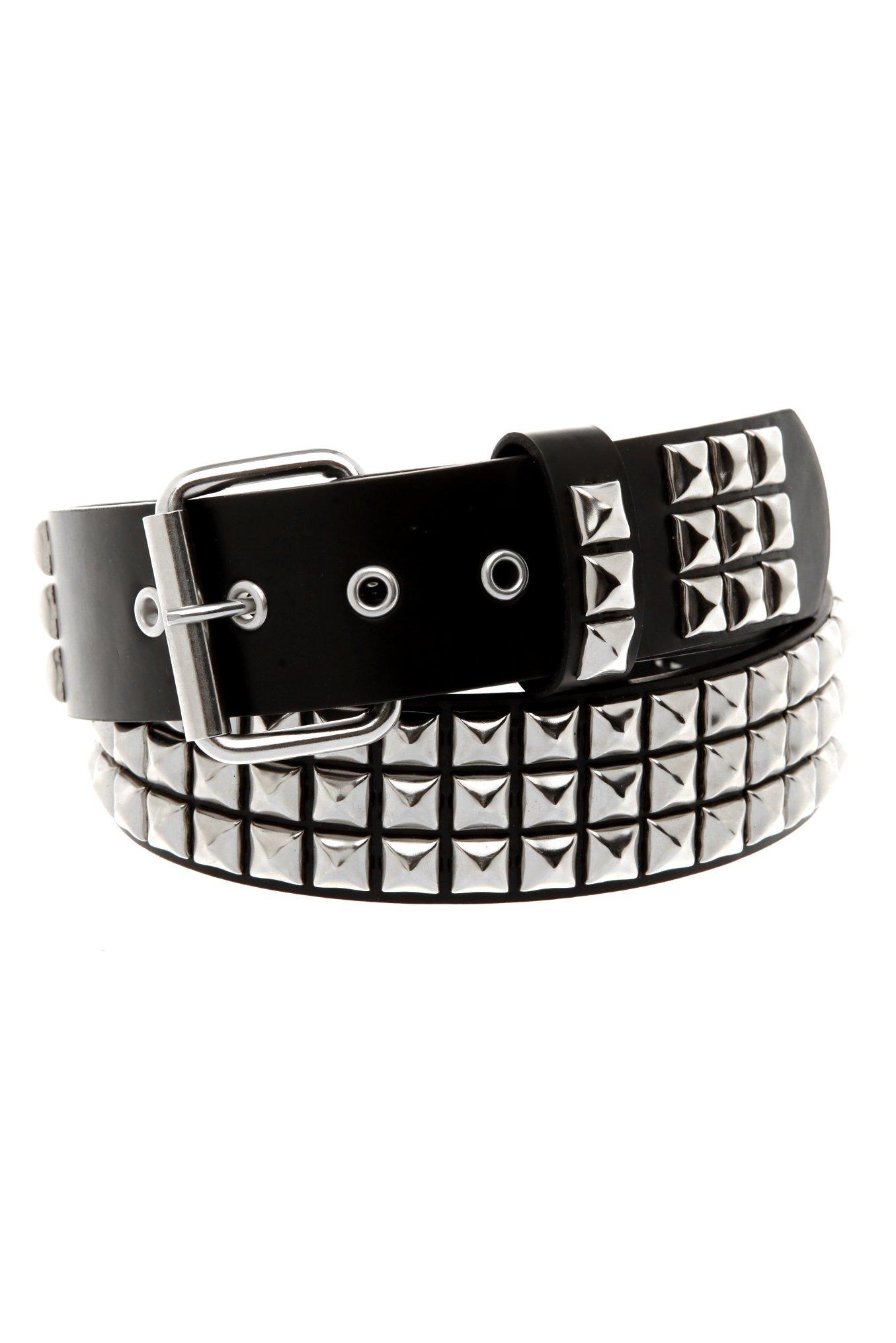 Black Leather Belt - 3 Row Nickel Pyramid Studs & Chains