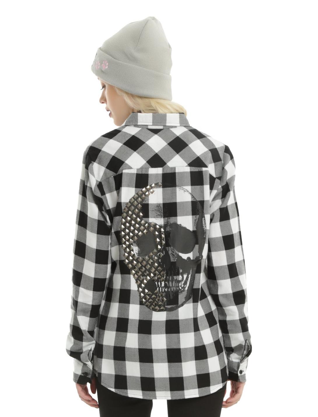 Black & White Plaid Studded Skull Girls Woven Button-Up | Hot Topic