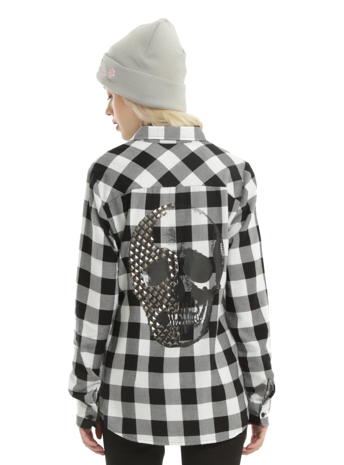 Black & White Plaid Studded Skull Girls Woven Button-Up, BLACK, hi-res